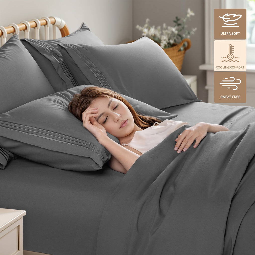 SONORO KATE 6 Pieces Bed Sheet Set, 1800 Series Soft Microfiber Queen Sheets with 16" Deep Pocket, Dark Gray