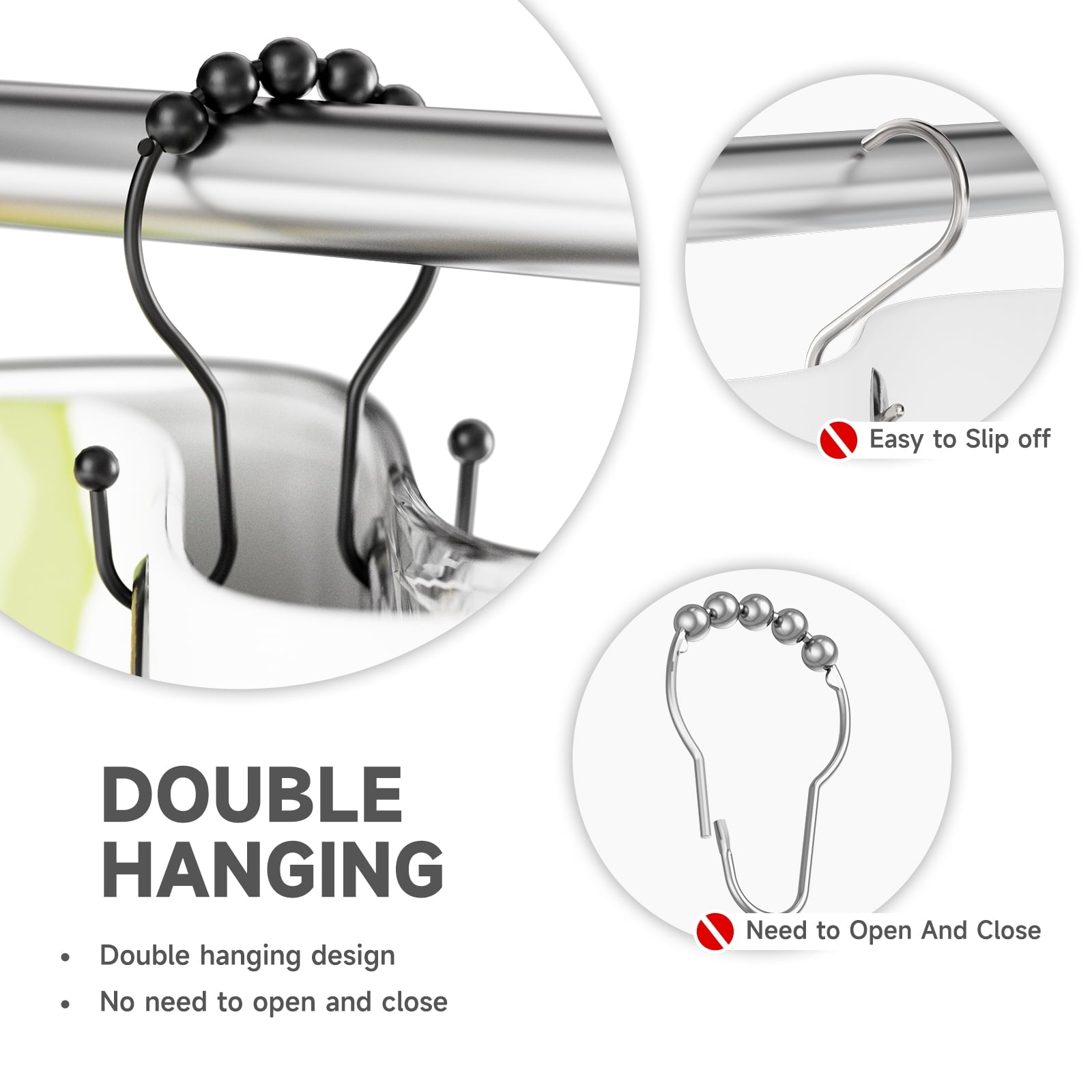 AmazerBath Shower Curtain Hooks Shower Curtain Rings Rust Proof Black Shower Curtain Hooks Balanced Smooth Glide Double Shower Curtain Hooks, Shower Hooks for Shower Curtain 12 Pcs