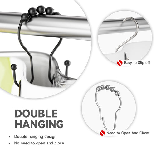 AmazerBath Shower Curtain Hooks Shower Curtain Rings Rust Proof Black Shower Curtain Hooks Balanced Smooth Glide Double Shower Curtain Hooks, Shower Hooks for Shower Curtain 12 Pcs