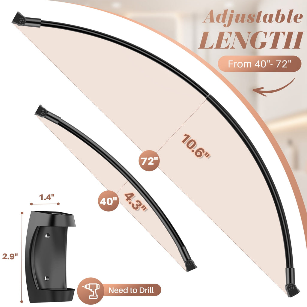 Yeabett Curved Shower Curtain Rod 43-72 Inches Adjustable, Shower Rods for Bathroom Aluminum Rustproof, Round shower curtain rod Expandable, Black