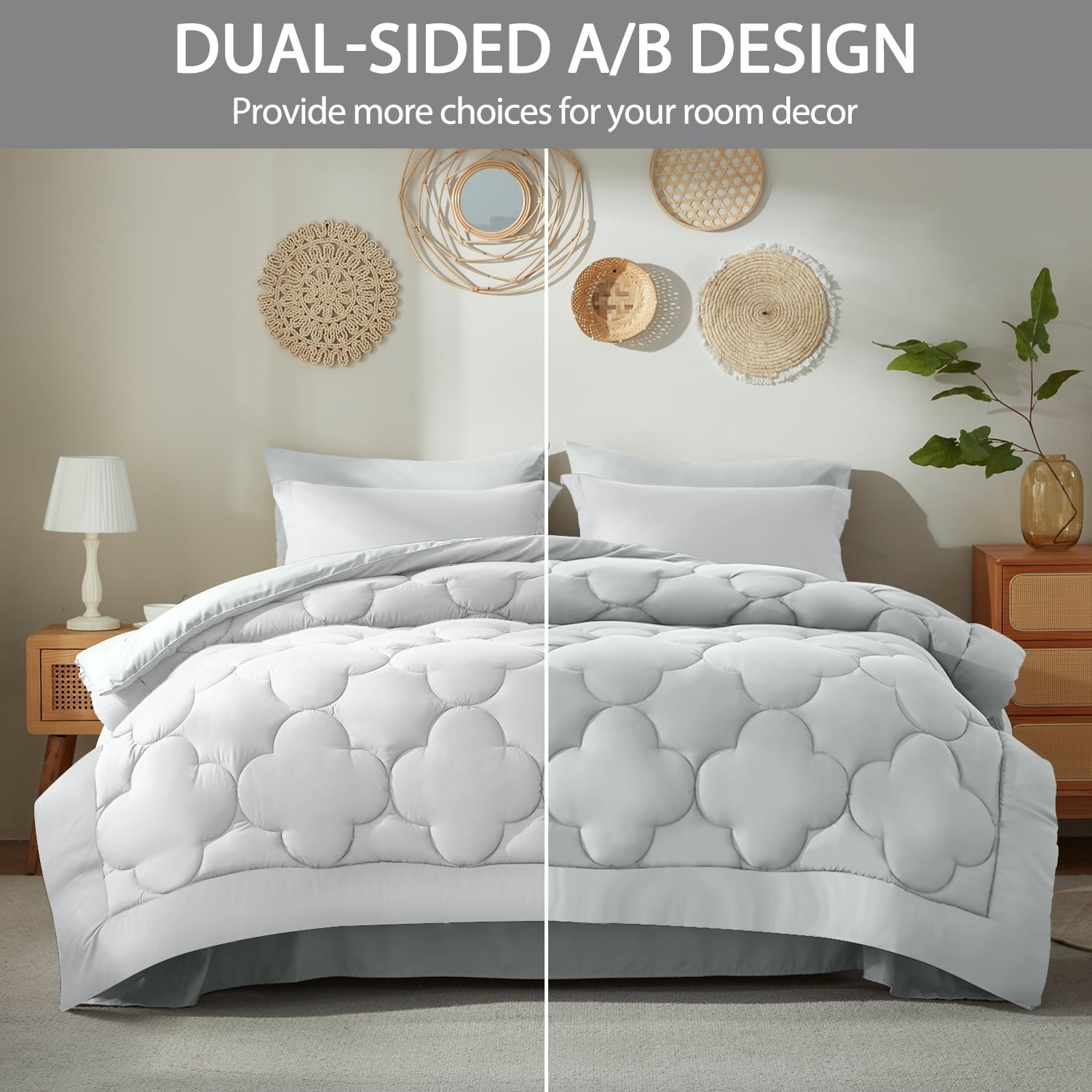 Bedtreat Queen Comforter Sets，7-Pieces Reversible Bedding Sets，Bed in a Bag with Comforter, Flat Sheet and Fitted Sheet without Pocket, Pillowcases & Shams，White/Light Gray