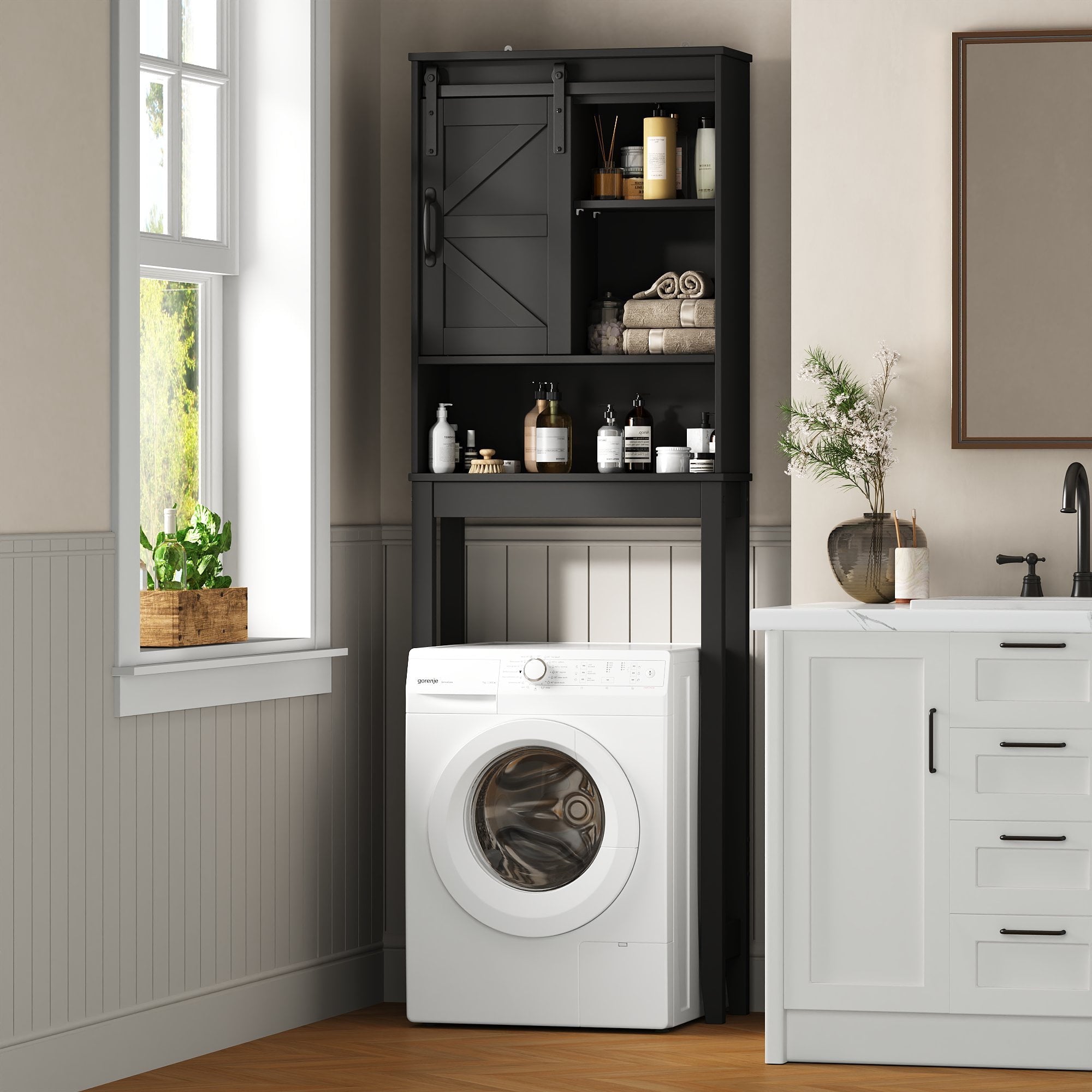 Over the Toilet Storage Cabinet, Rustic Storage Cabinet Over Toilet with Sliding Barn Door & Adjustable Shelves, Farmhouse Space Saver Organizer for Bathroom,Living Room, Black