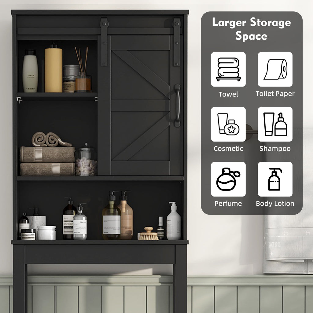 Over the Toilet Storage Cabinet, Rustic Storage Cabinet Over Toilet with Sliding Barn Door & Adjustable Shelves, Farmhouse Space Saver Organizer for Bathroom,Living Room, Black