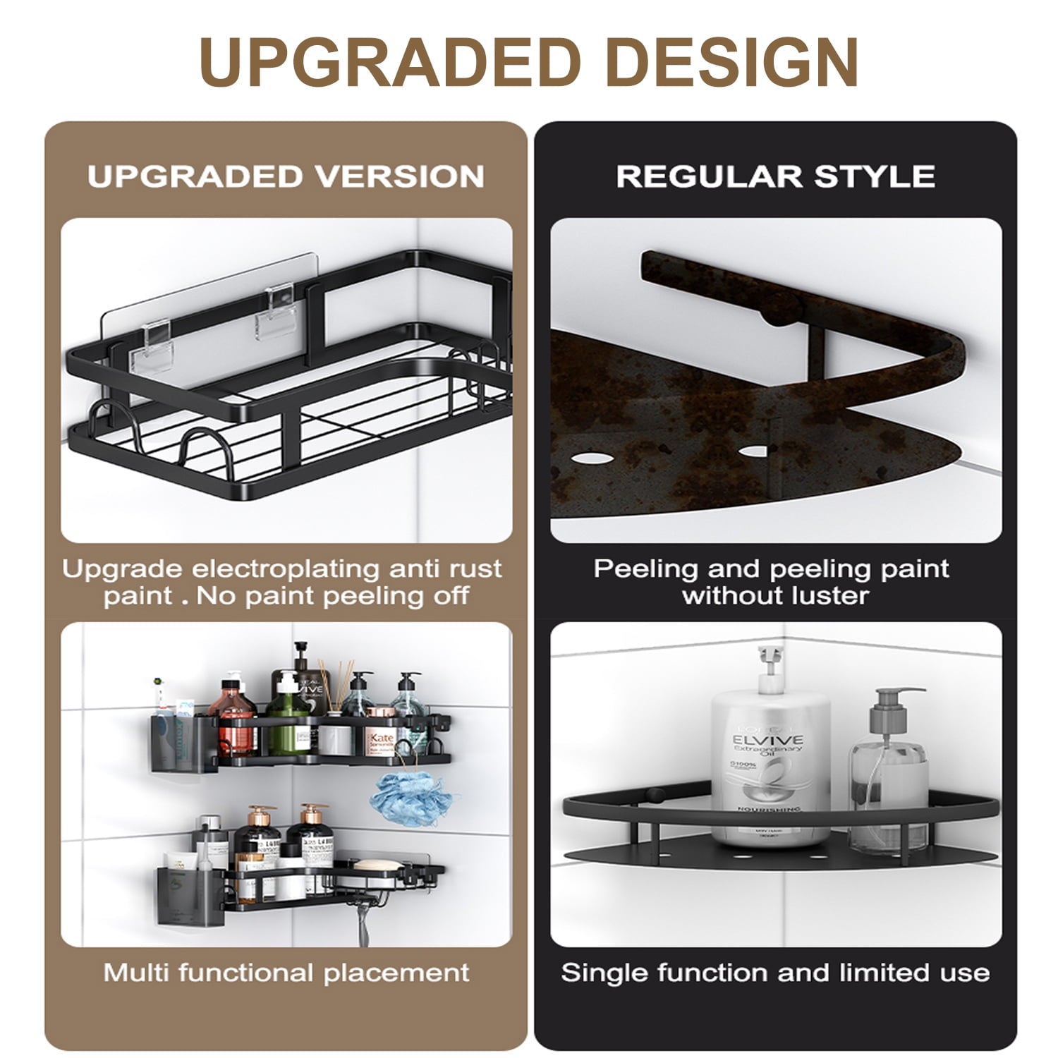 PHANCIR 5 PCS Corner Shower Caddy, No Drilling Stainless Steel Shower Storage Rack with Hooks & Toothpaste Holder for Bathroom, Black