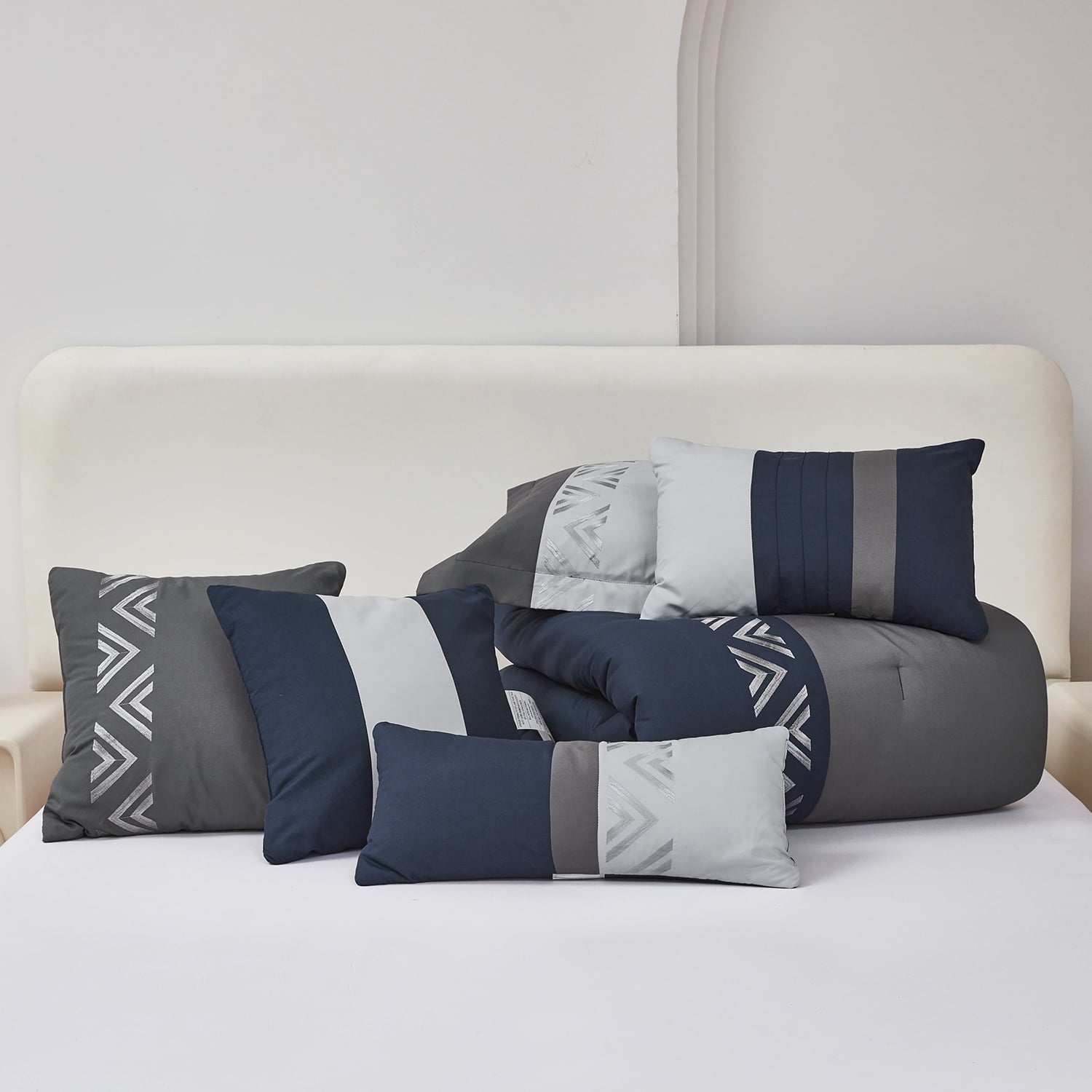 HIG 7 Piece Embroidery Design Bed-in-a-Bag, Navy Queen Size Ultra Soft Comforter Set for Adults