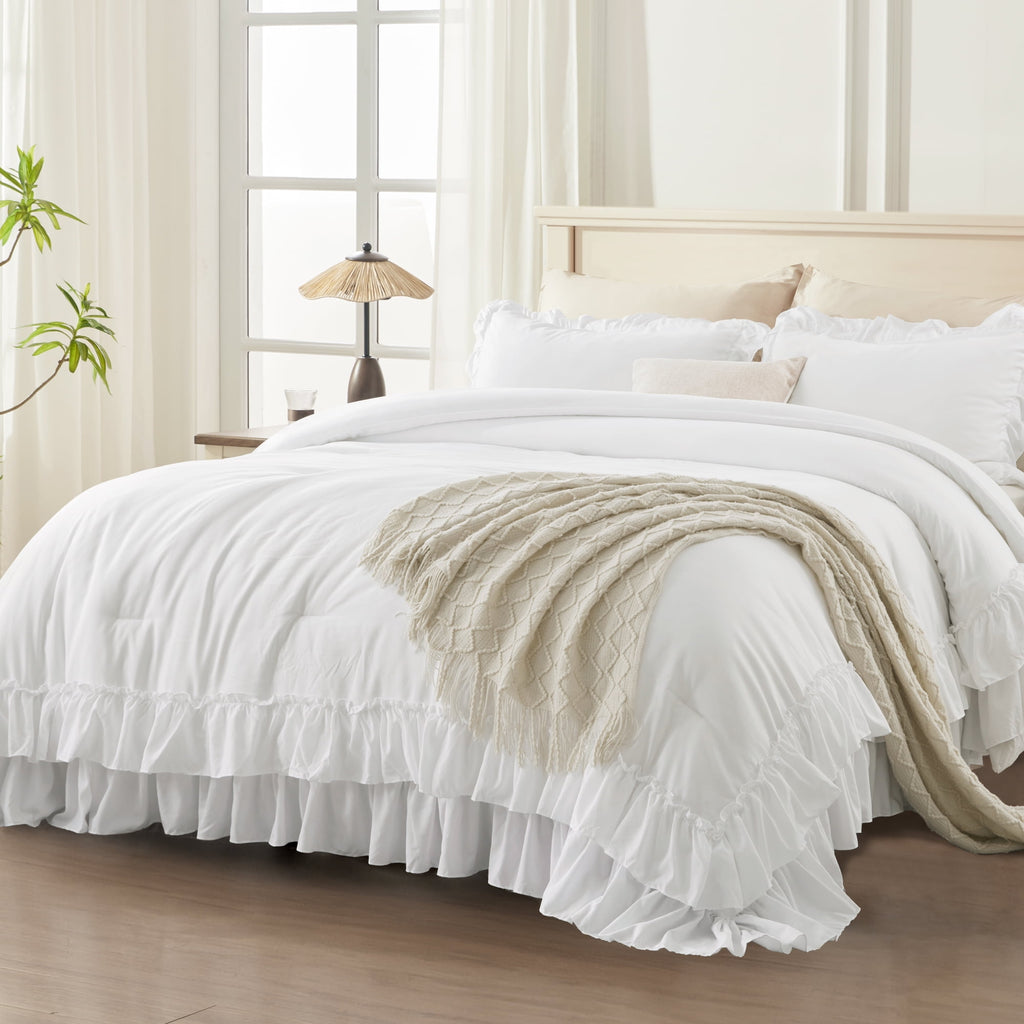 ANGENIA Queen Comforter Set White - 3 Pieces Soft Fluffy Ruffle Bedding Comforter Sets for Queen Bed, All Season Farmhouse Lightweight Microfiber Down Alternative Bed Set