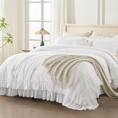 ANGENIA Queen Comforter Set White - 3 Pieces Soft Fluffy Ruffle Bedding Comforter Sets for Queen Bed, All Season Farmhouse Lightweight Microfiber Down Alternative Bed Set