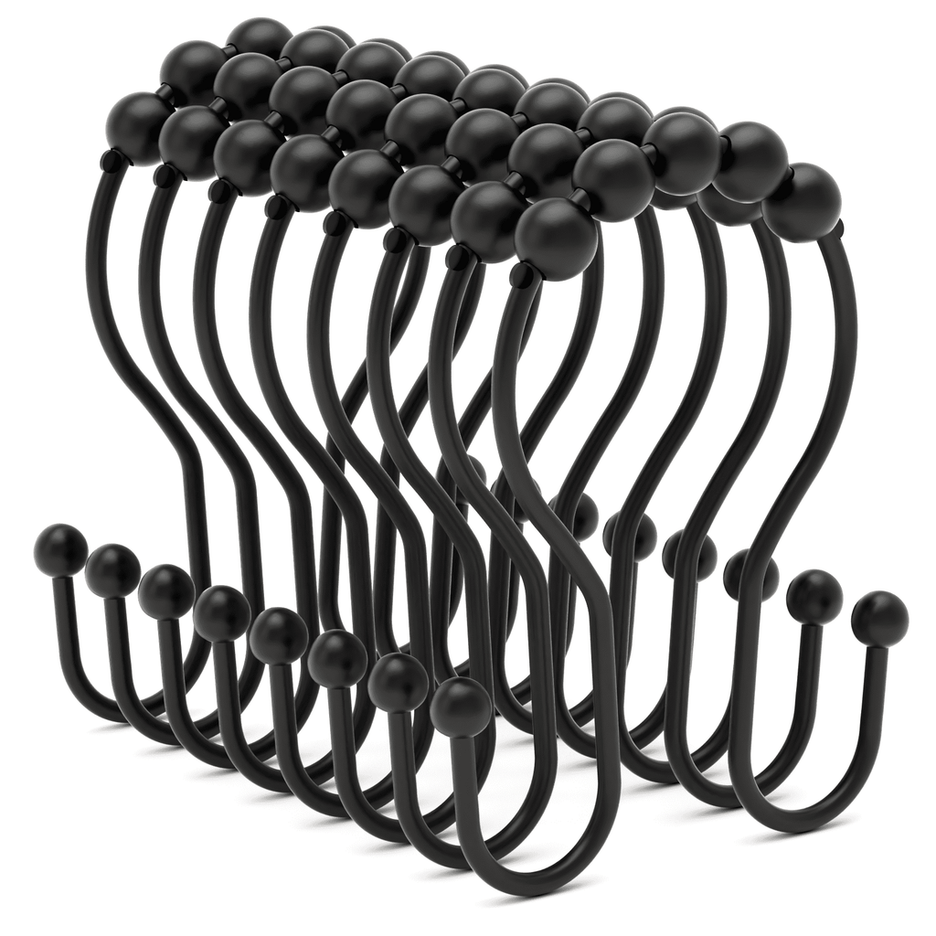 AmazerBath Shower Curtain Hooks Shower Curtain Rings Rust Proof Black Shower Curtain Hooks Balanced Smooth Glide Double Shower Curtain Hooks, Shower Hooks for Shower Curtain 12 Pcs