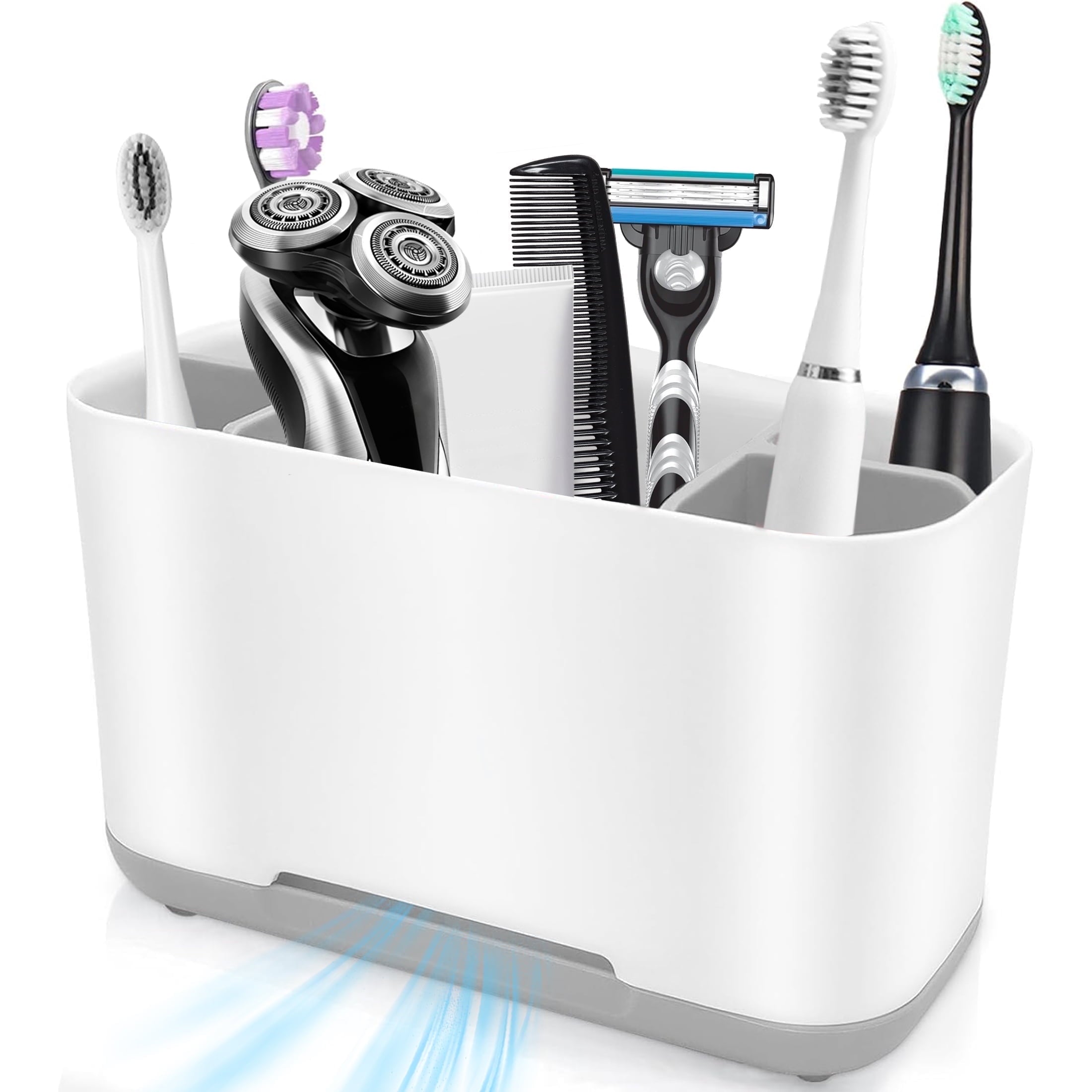 Aovky Toothbrush Holders for Bathrooms, Electric Toothbrush Toothpaste Holder with Adjustable Dividers and Drainage, 5 Slots Tooth Brush Holder Bathroom Accessories for Countertop Organizer, Gray