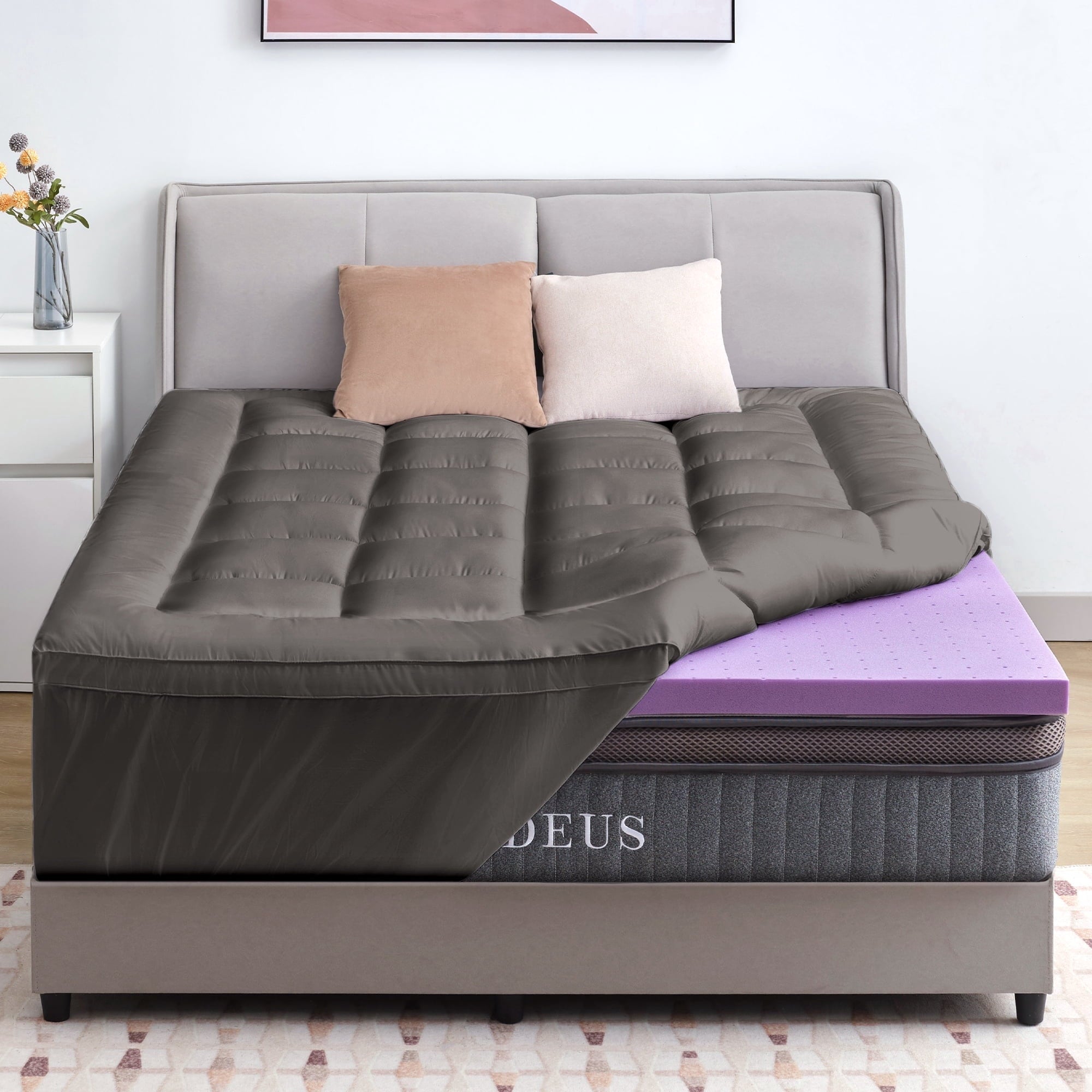 BDEUS Queen Size Dual Layer 5 inch Memory Foam Mattress Topper, 2 inch Gel Memory Foam and 3 inch 1450 GSM Down Alternative Quilted Pillow Top Mattress Pad Cover for Back Pain,Soft