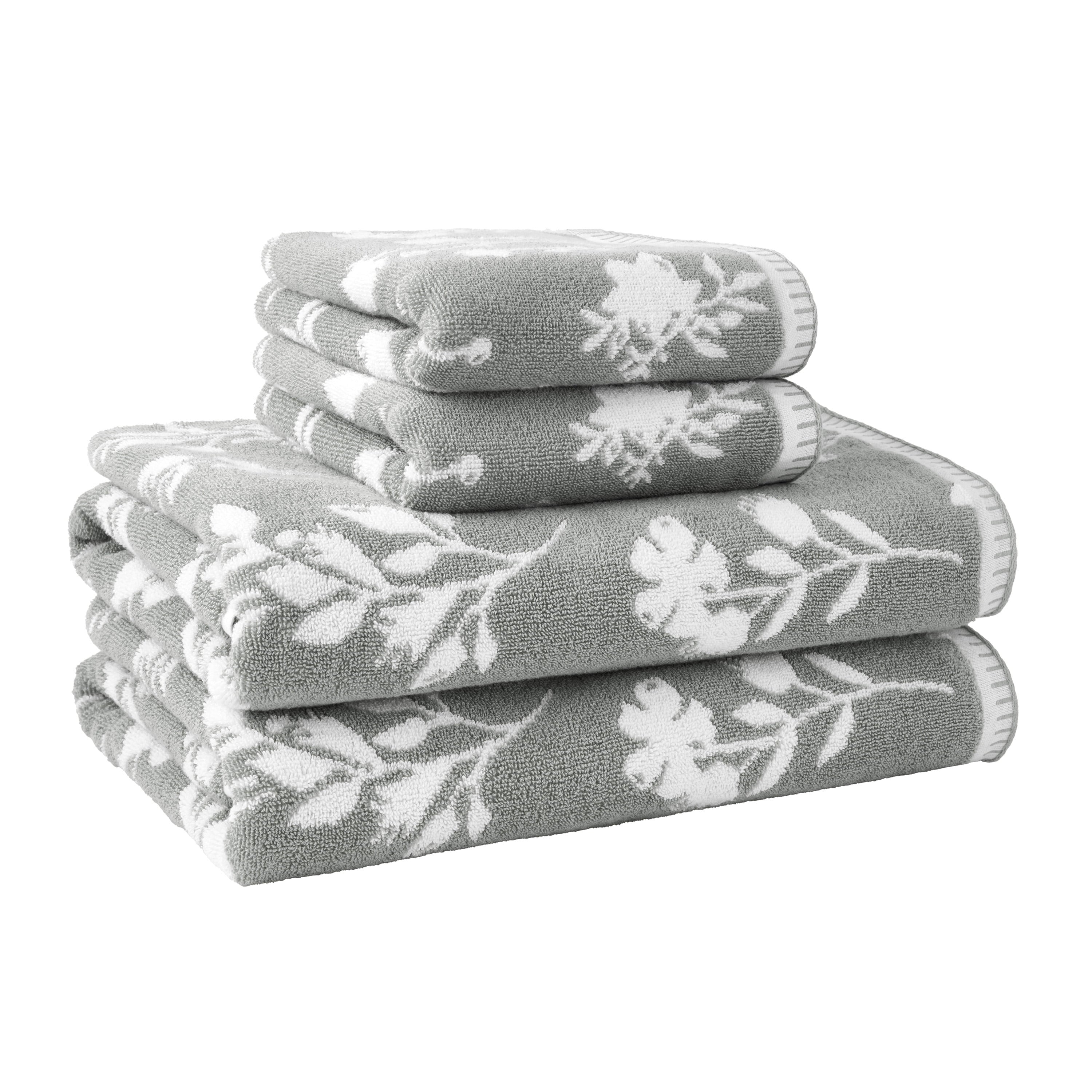 Beautiful by Drew Barrymore 4-Piece Floral Bath Towel Set, 100% Cotton, Sage Green