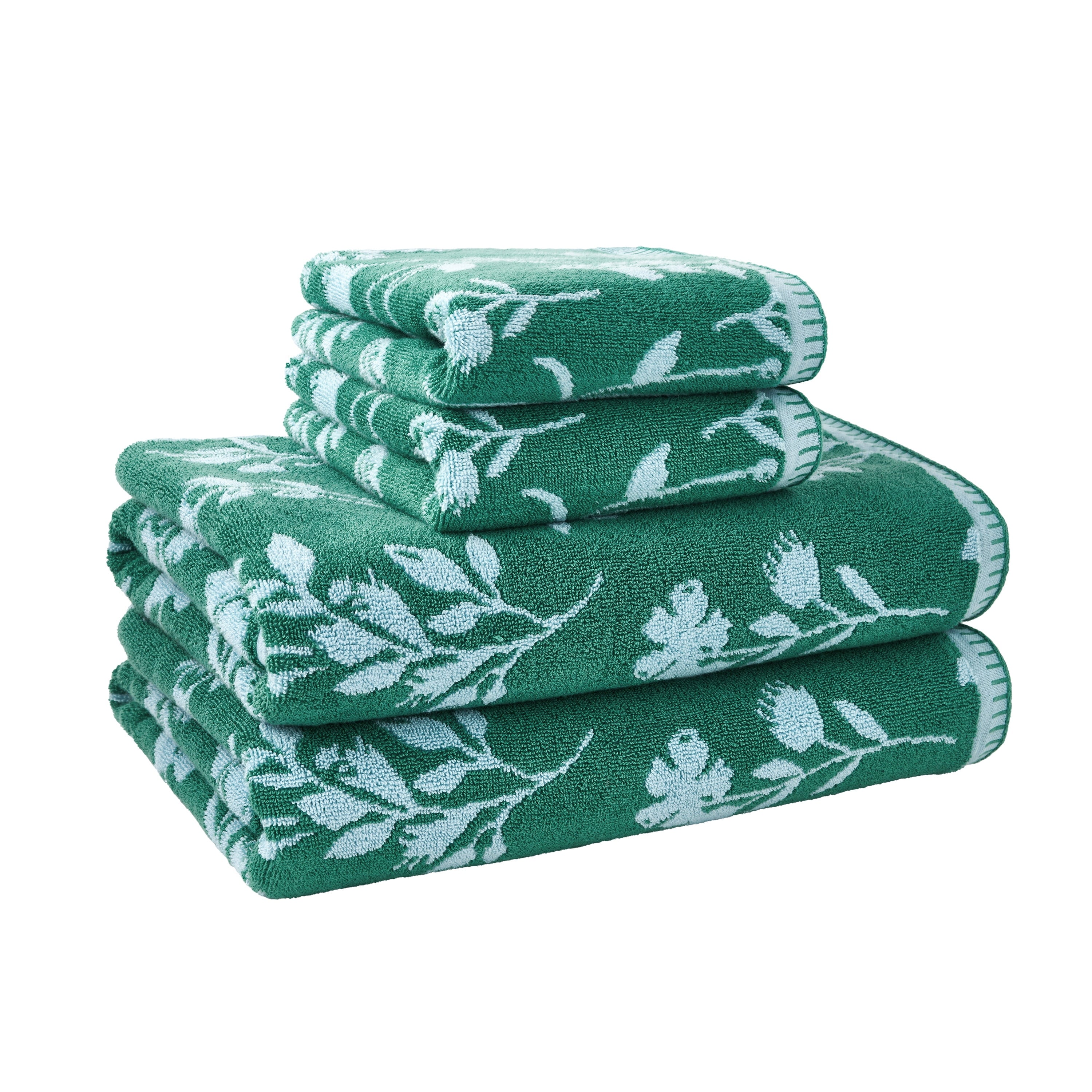 Beautiful by Drew Barrymore 4-Piece Floral Bath Towel Set, 100% Cotton, Sage Green