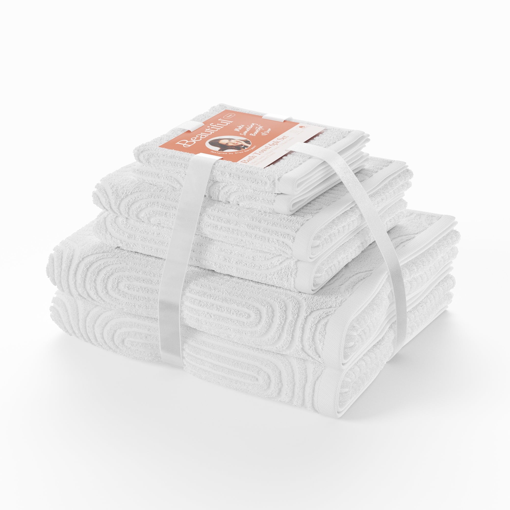 Beautiful by Drew Barrymore 6-Piece Textured Bath Towel Set, Soft 100% Cotton, Smokey Blue