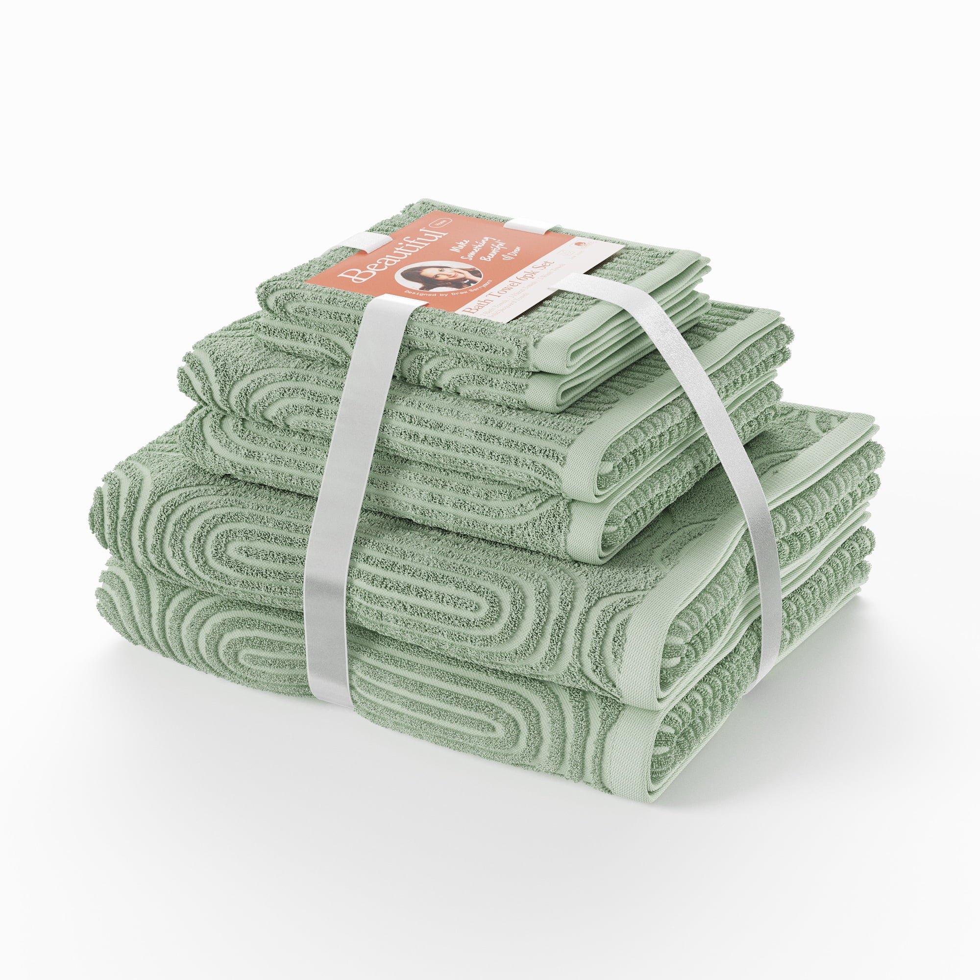 Beautiful by Drew Barrymore 6-Piece Textured Bath Towel Set, Soft 100% Cotton, Smokey Blue