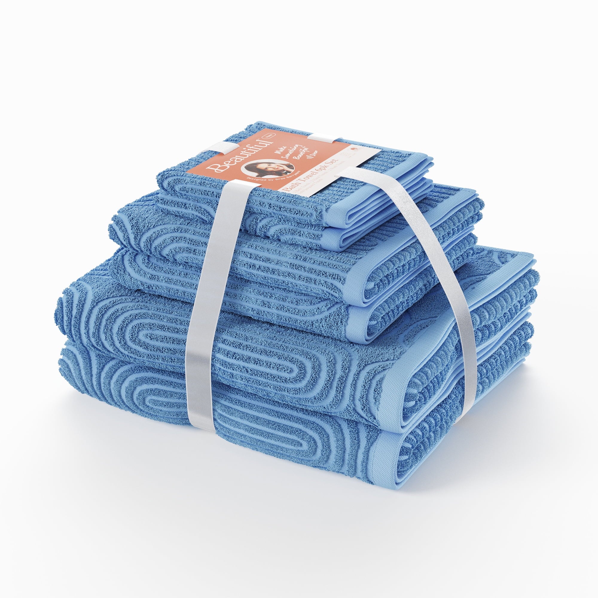 Beautiful by Drew Barrymore 6-Piece Textured Bath Towel Set, Soft 100% Cotton, Smokey Blue