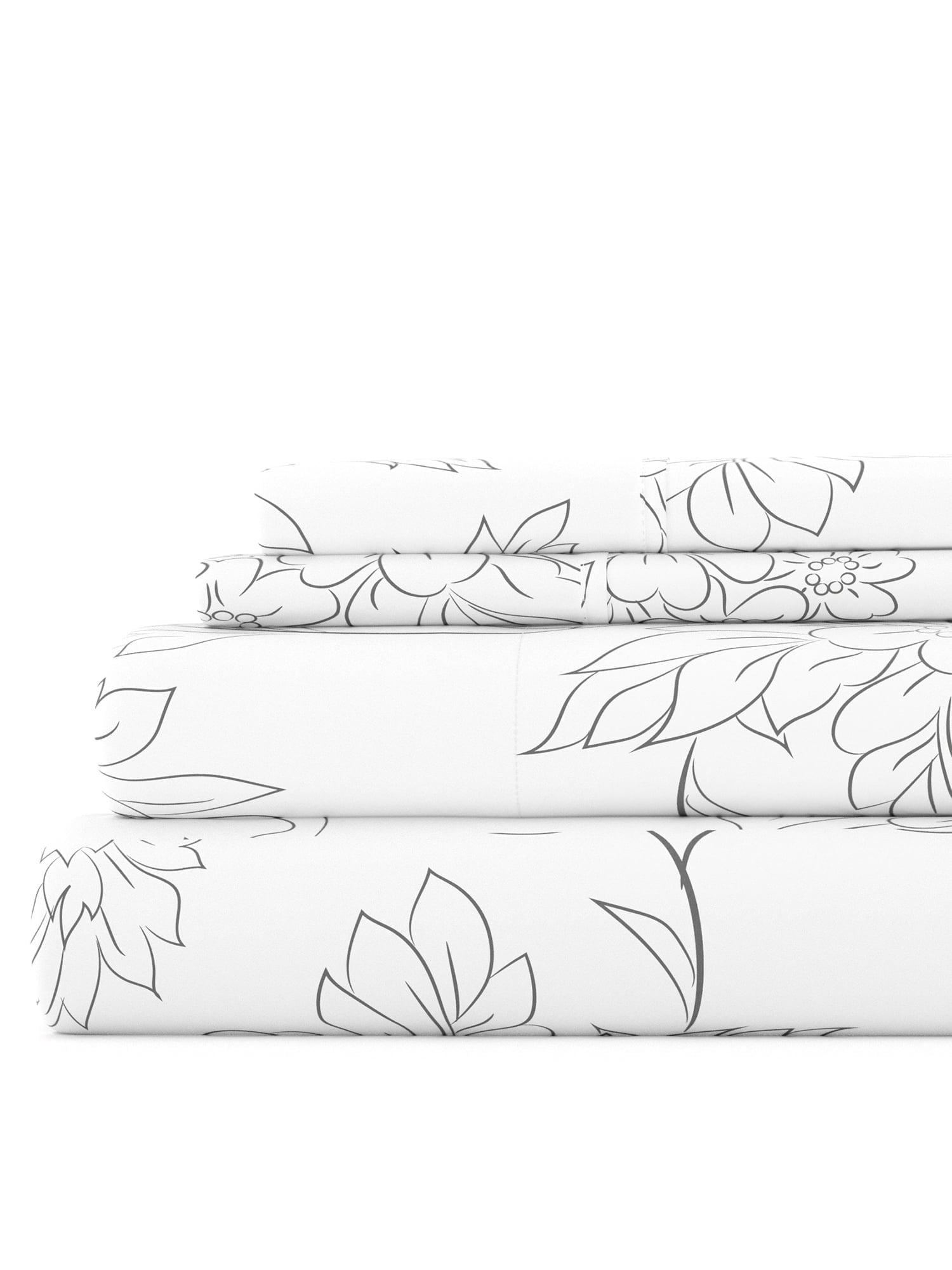 Ultra Soft & Breathable Wrinkle Free Bed Sheets Set - Floral Print Adult - Light Gray Floral Prints with Deep Pockets for King, Queen, Full, & Twins