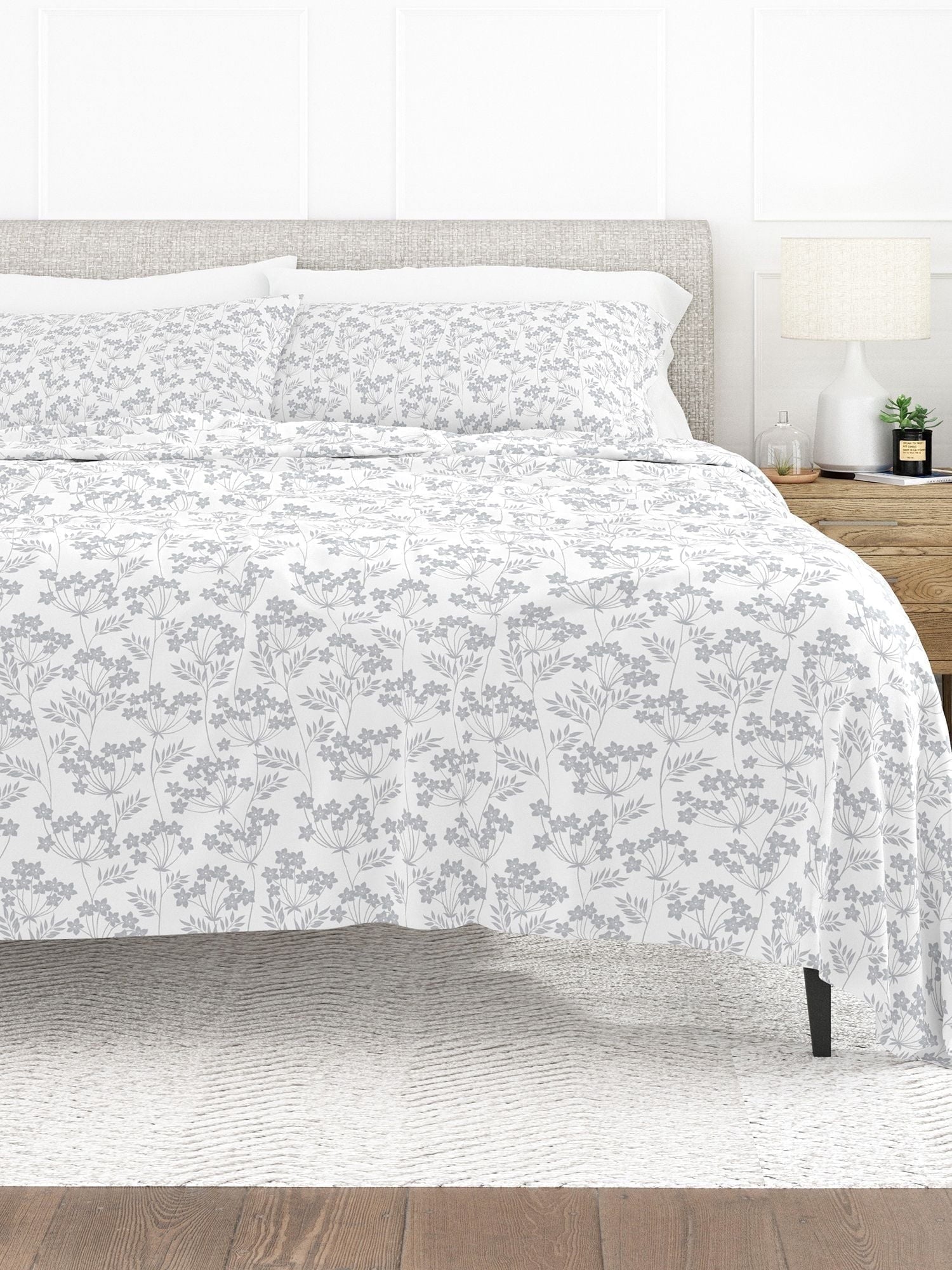 Ultra Soft & Breathable Wrinkle Free Bed Sheets Set - Floral Print Adult - Light Gray Floral Prints with Deep Pockets for King, Queen, Full, & Twins