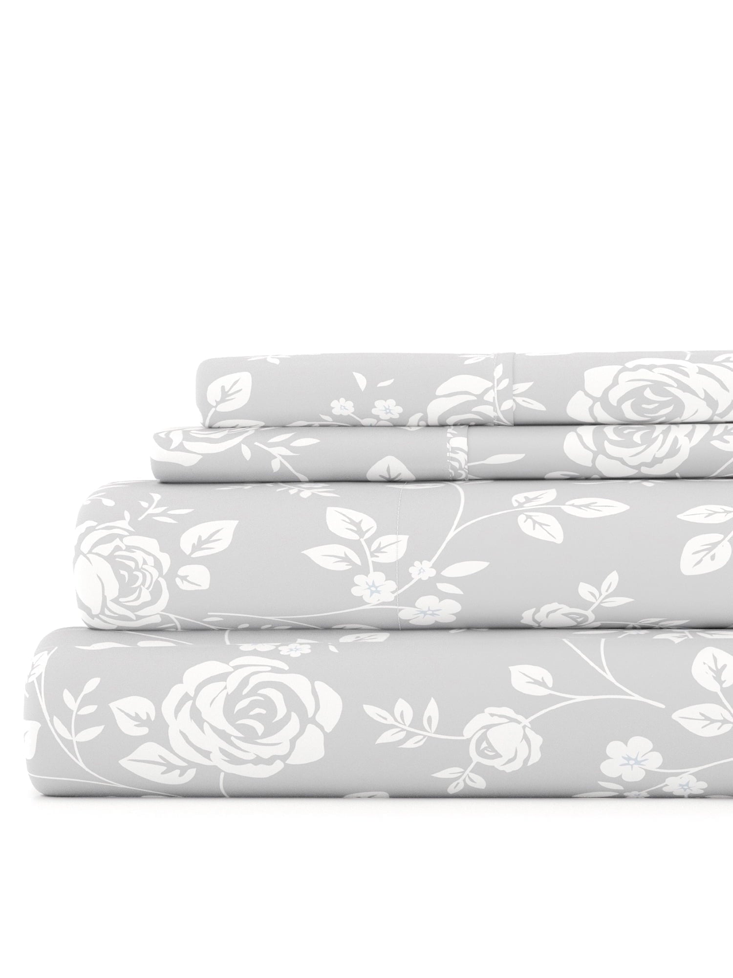 Ultra Soft & Breathable Wrinkle Free Bed Sheets Set - Floral Print Adult - Light Gray Floral Prints with Deep Pockets for King, Queen, Full, & Twins