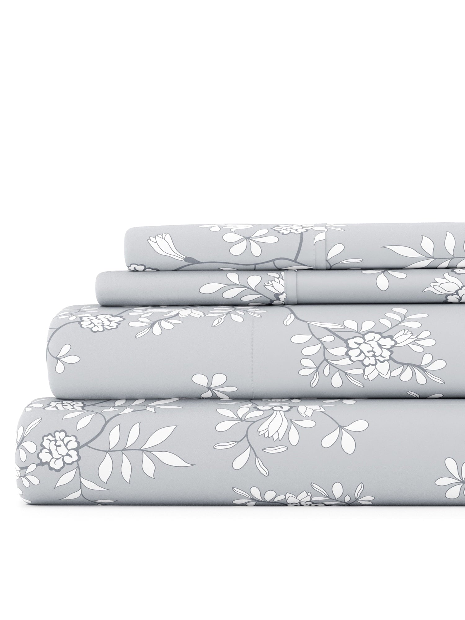 Ultra Soft & Breathable Wrinkle Free Bed Sheets Set - Floral Print Adult - Light Gray Floral Prints with Deep Pockets for King, Queen, Full, & Twins
