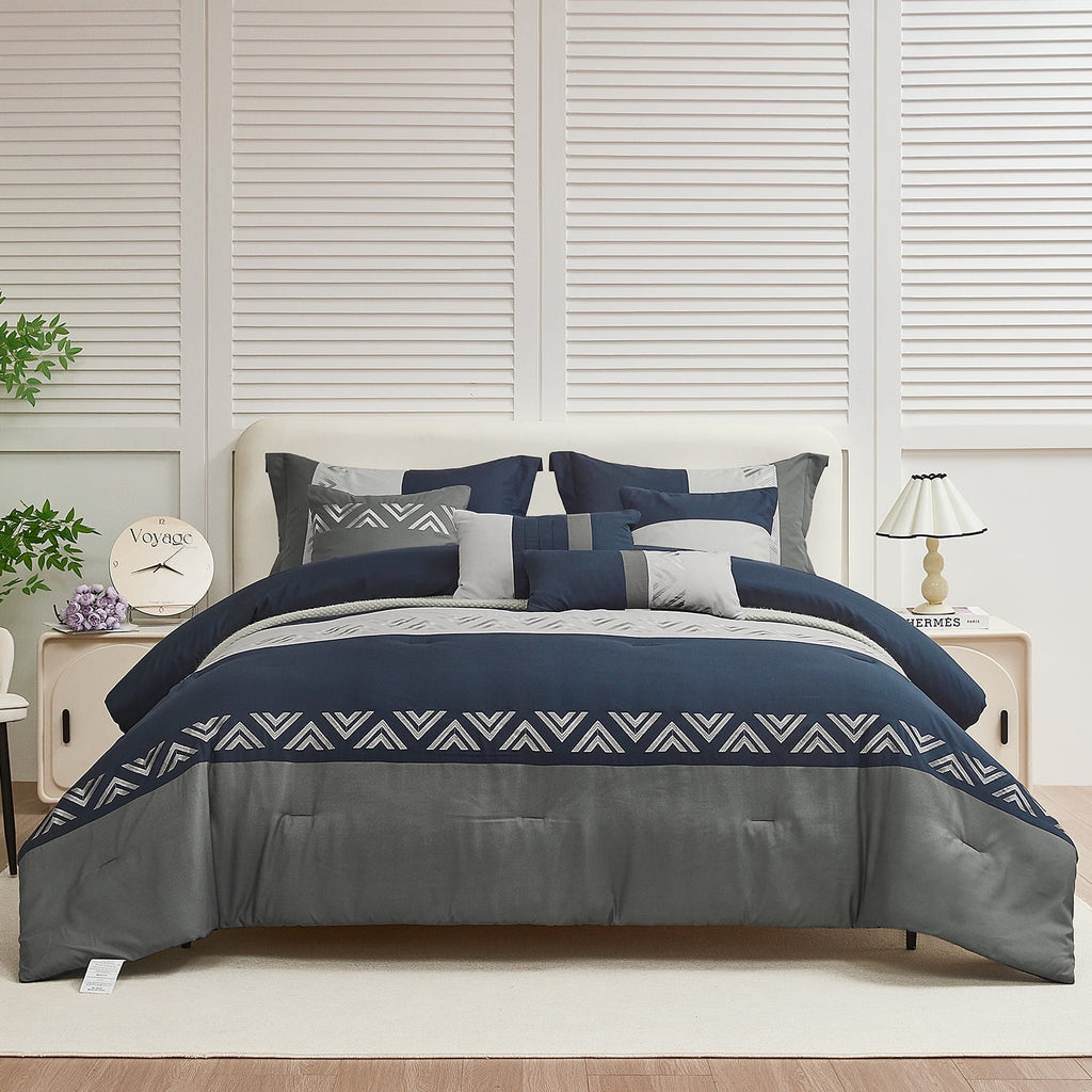 HIG 7 Piece Embroidery Design Bed-in-a-Bag, Navy Queen Size Ultra Soft Comforter Set for Adults