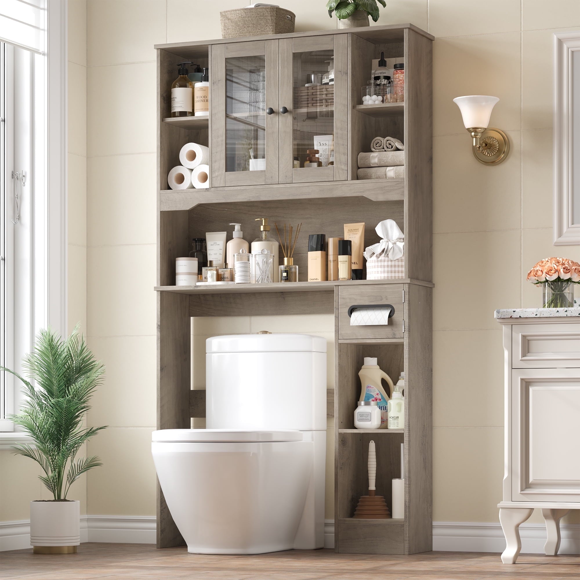 Homfa Over The Toilet Storage Cabinet with Toilet Paper Holder Stand, Above Toilet Organizer with Glass Doors, Behind Toilet Shelf for Restroom, Bathroom, Laundry, White