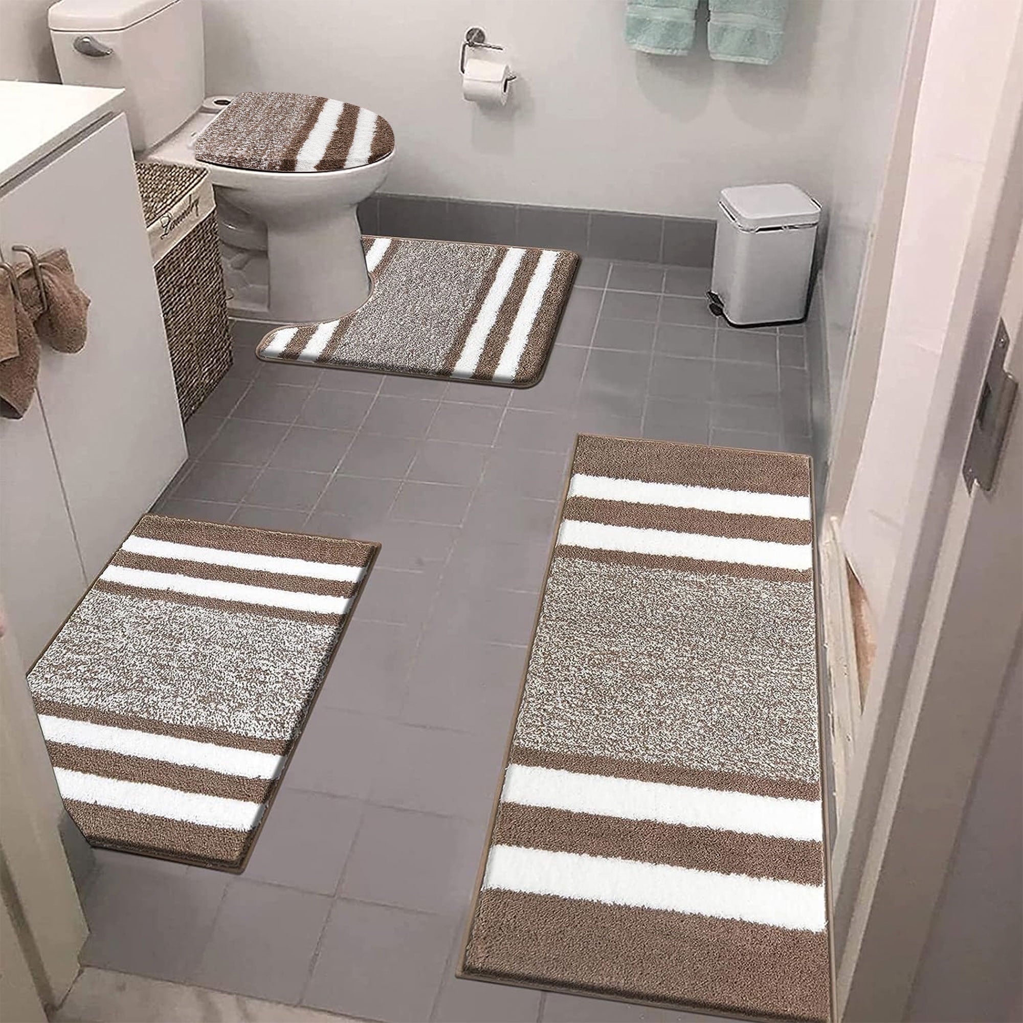 Ileading Bathroom Rugs Sets 4 Piece Plush Shaggy Microfiber Bath Rug with U-Shaped Contour Toilet Mat