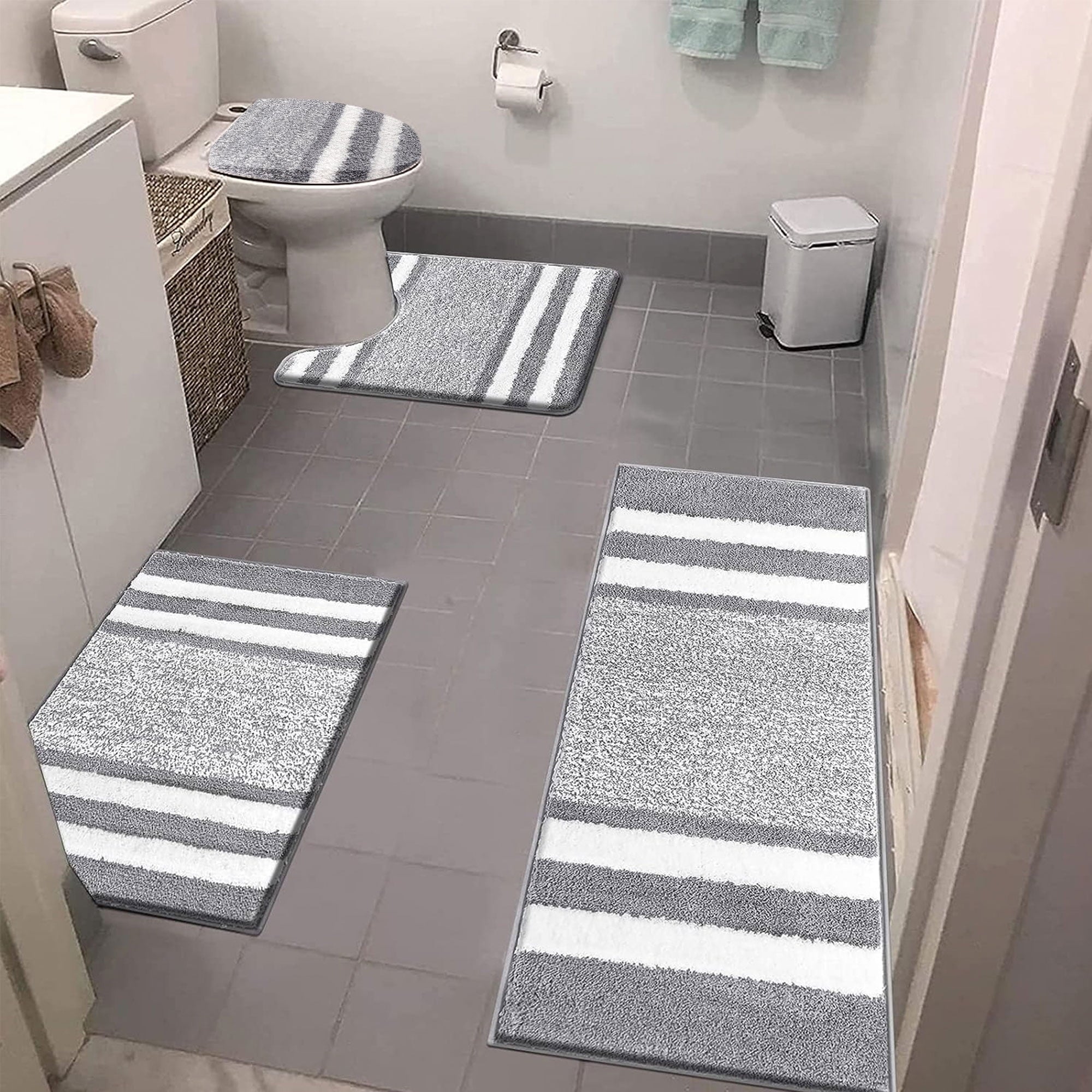 Ileading Bathroom Rugs Sets 4 Piece Plush Shaggy Microfiber Bath Rug with U-Shaped Contour Toilet Mat