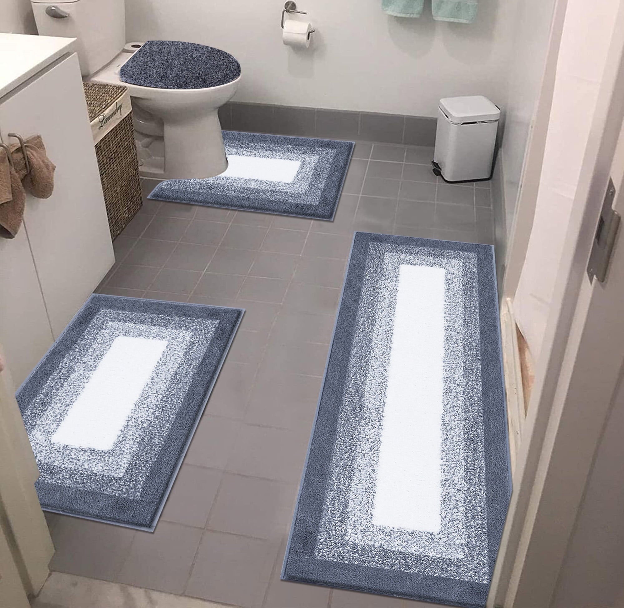 Ileading Bathroom Rugs Sets 4 Piece Plush Shaggy Microfiber Bath Rug with U-Shaped Contour Toilet Mat