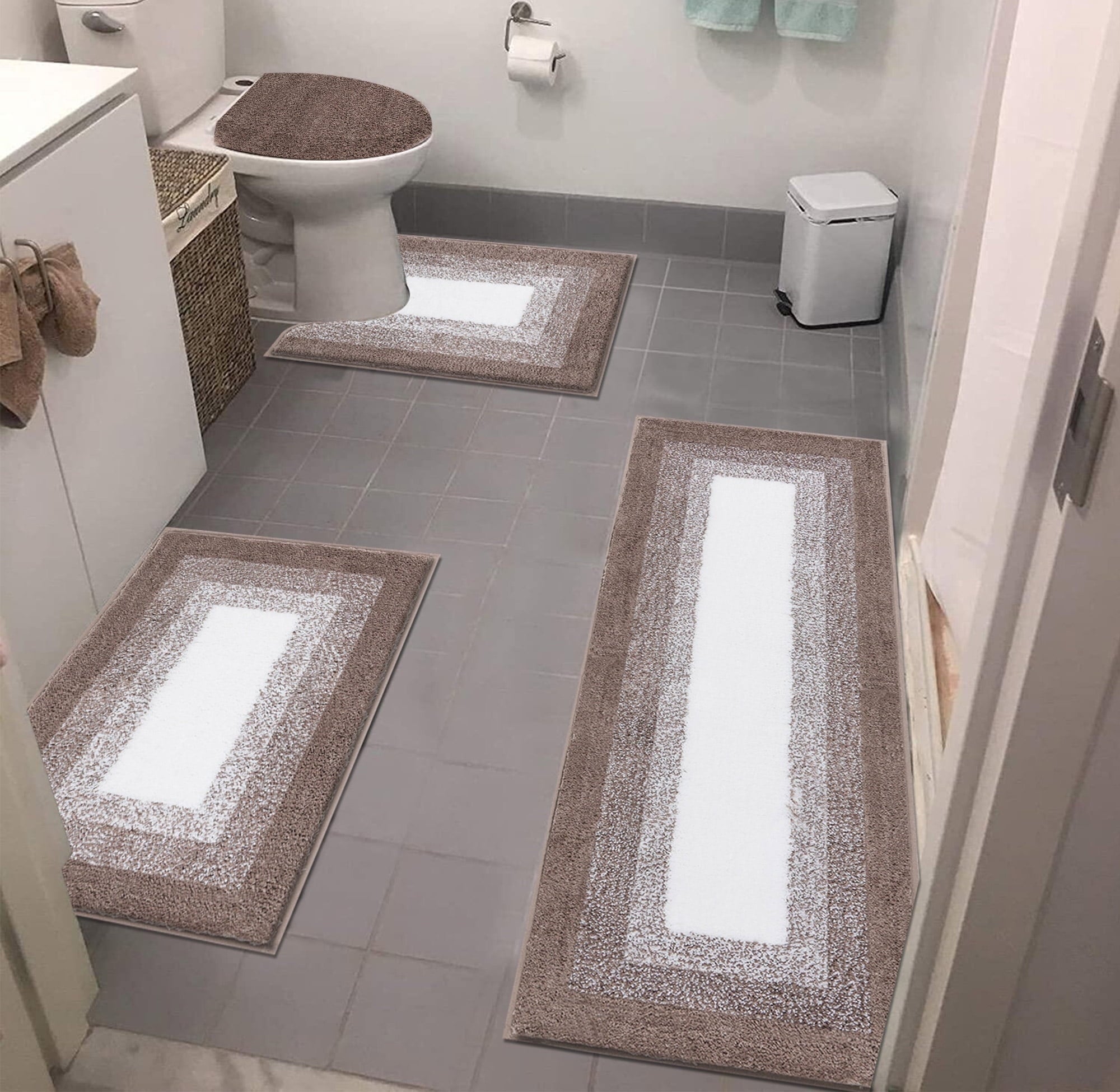 Ileading Bathroom Rugs Sets 4 Piece Plush Shaggy Microfiber Bath Rug with U-Shaped Contour Toilet Mat