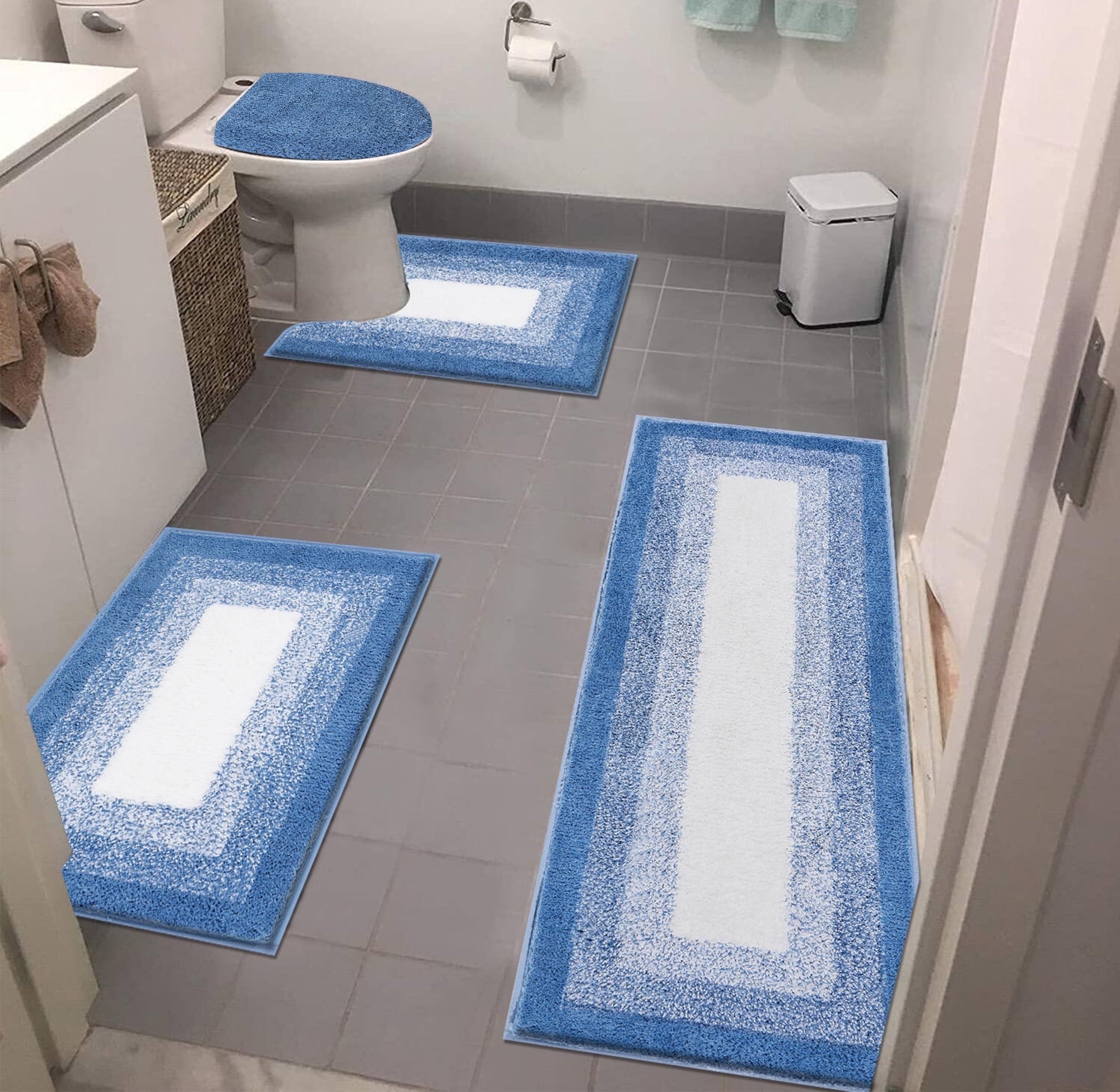 Ileading Bathroom Rugs Sets 4 Piece Plush Shaggy Microfiber Bath Rug with U-Shaped Contour Toilet Mat