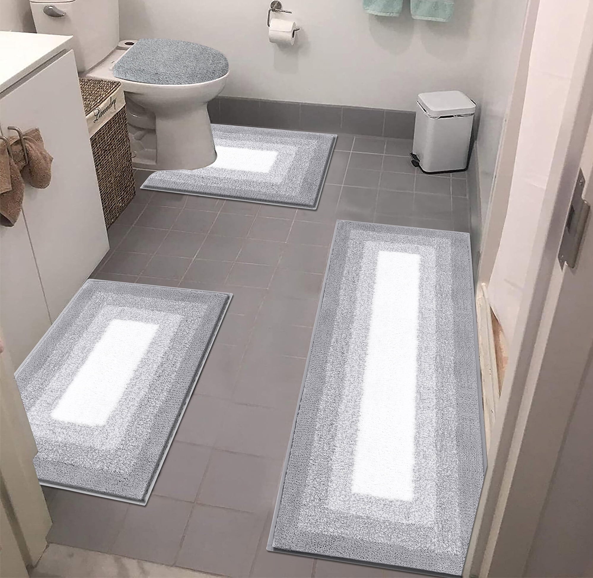 Ileading Bathroom Rugs Sets 4 Piece Plush Shaggy Microfiber Bath Rug with U-Shaped Contour Toilet Mat
