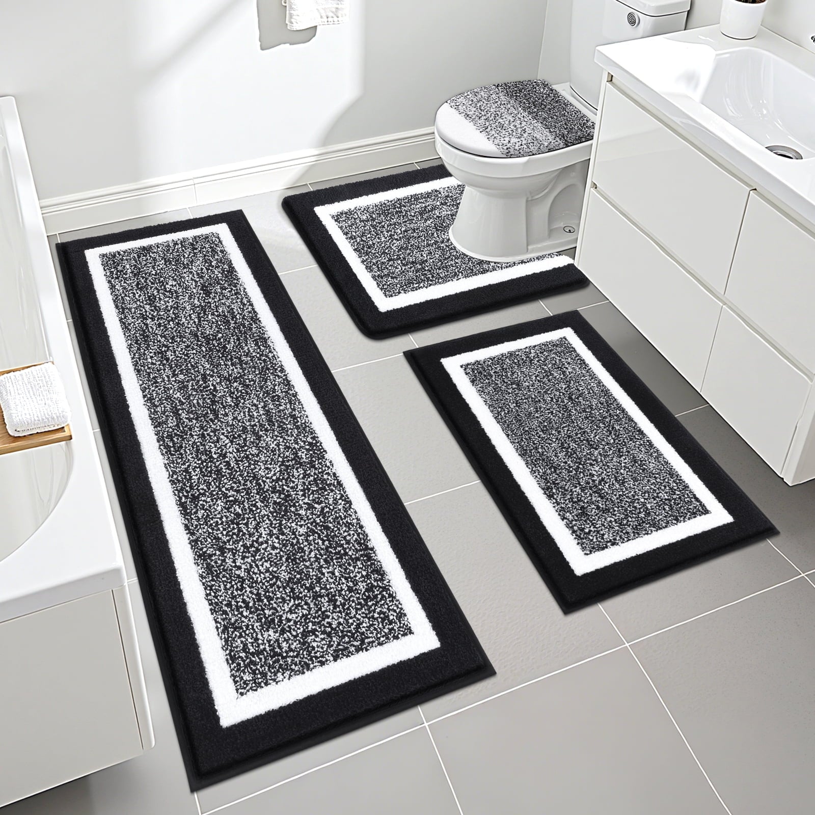 Ileading Bathroom Rugs Sets 4 Piece Plush Shaggy Microfiber Bath Rug with U-Shaped Contour Toilet Mat