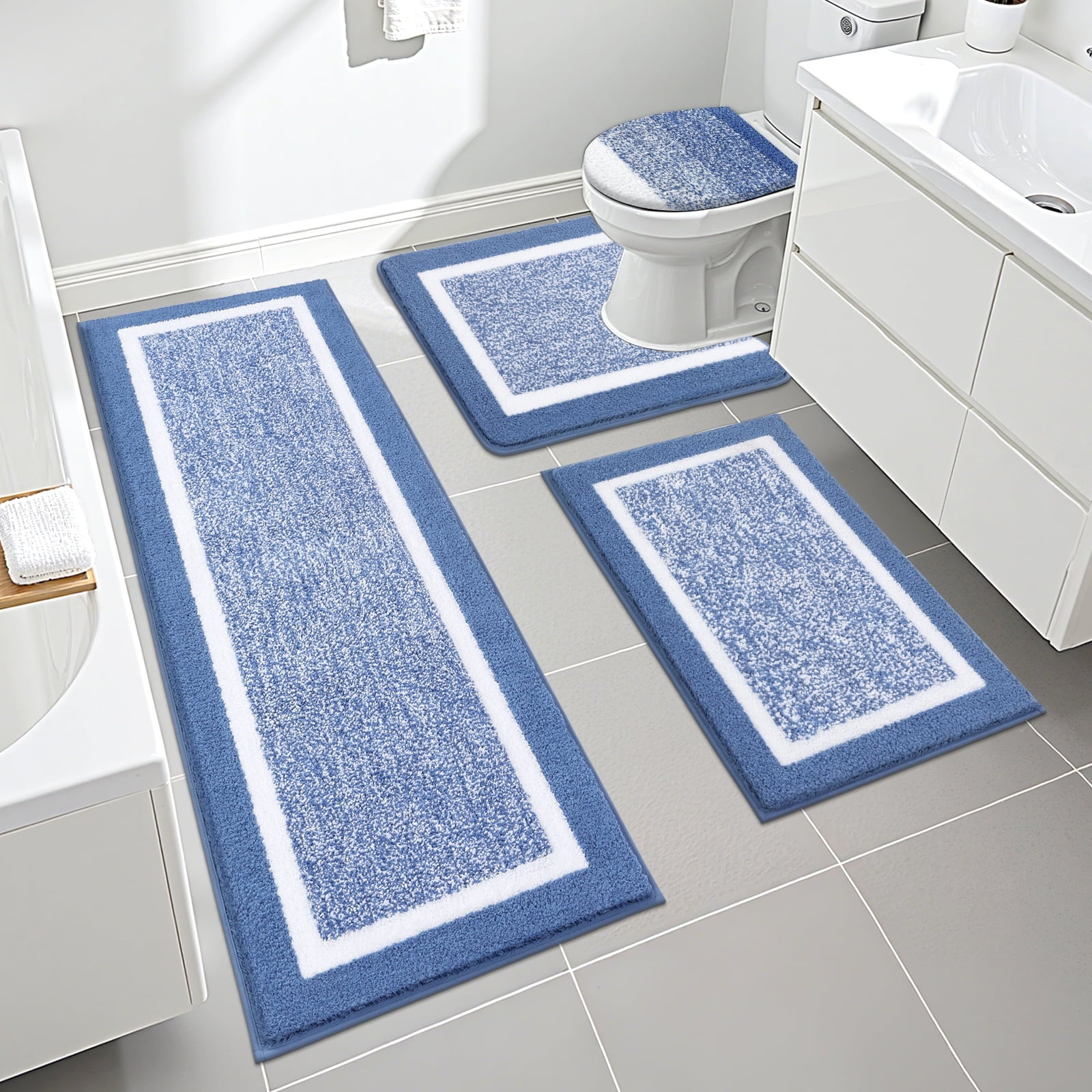 Ileading Bathroom Rugs Sets 4 Piece Plush Shaggy Microfiber Bath Rug with U-Shaped Contour Toilet Mat