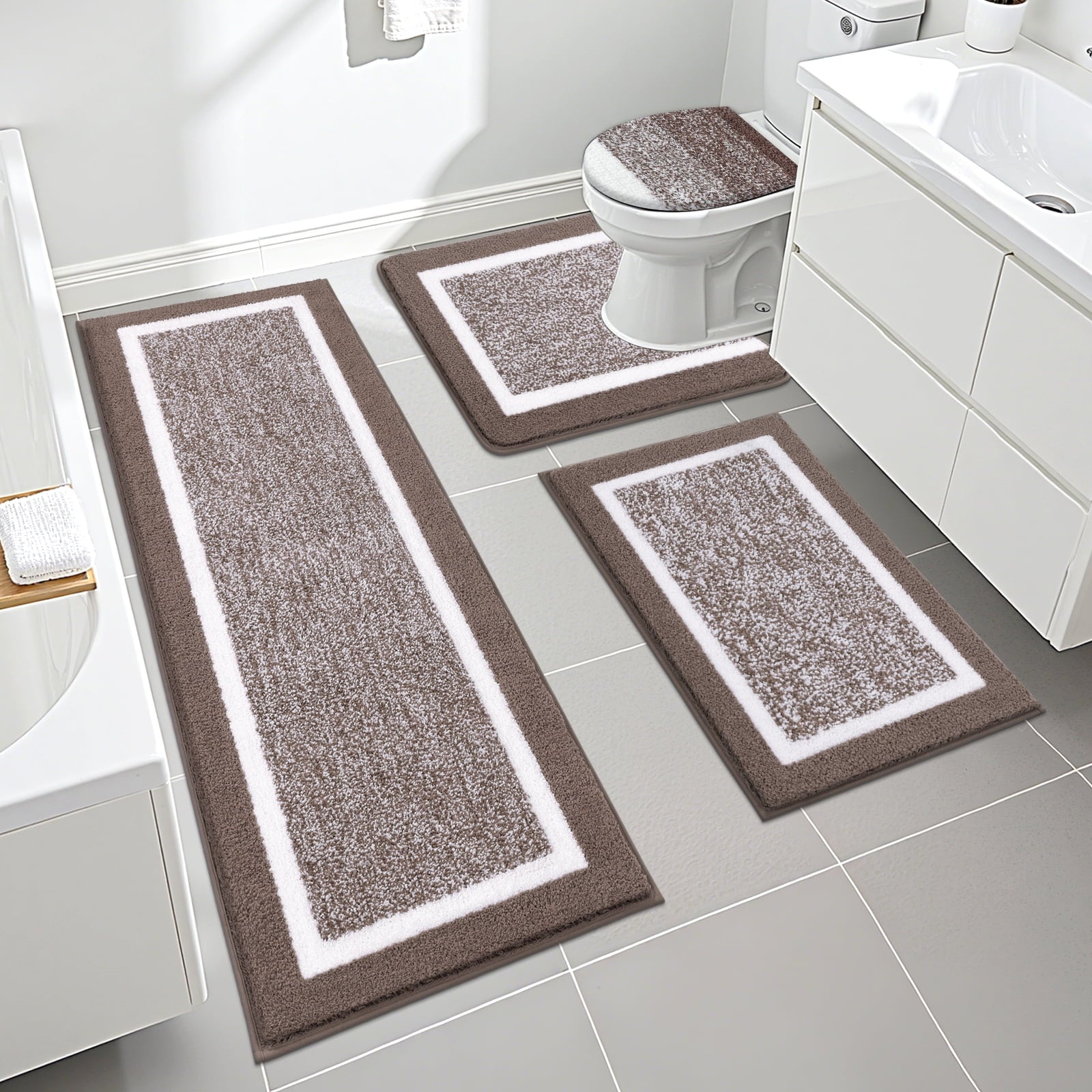 Ileading Bathroom Rugs Sets 4 Piece Plush Shaggy Microfiber Bath Rug with U-Shaped Contour Toilet Mat