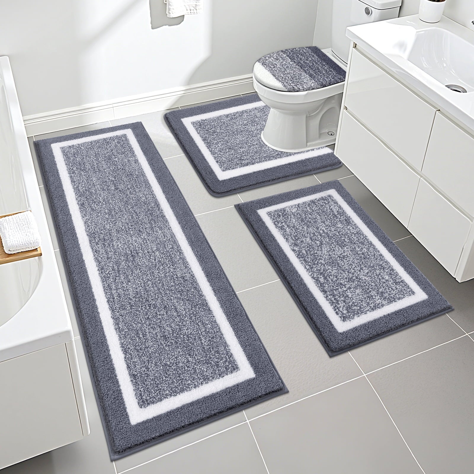Ileading Bathroom Rugs Sets 4 Piece Plush Shaggy Microfiber Bath Rug with U-Shaped Contour Toilet Mat