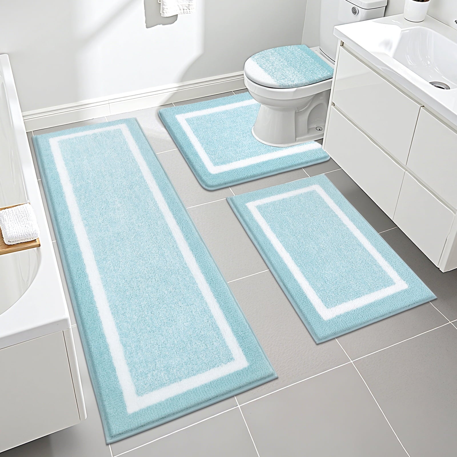 Ileading Bathroom Rugs Sets 4 Piece Plush Shaggy Microfiber Bath Rug with U-Shaped Contour Toilet Mat