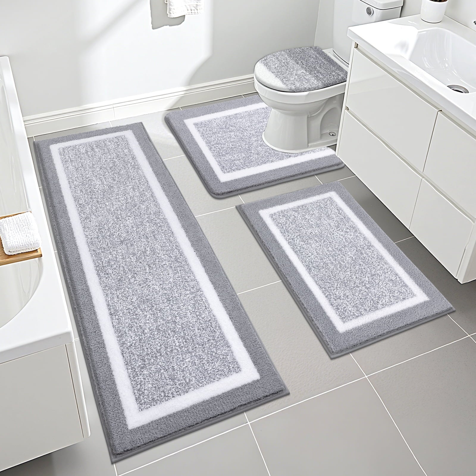 Ileading Bathroom Rugs Sets 4 Piece Plush Shaggy Microfiber Bath Rug with U-Shaped Contour Toilet Mat