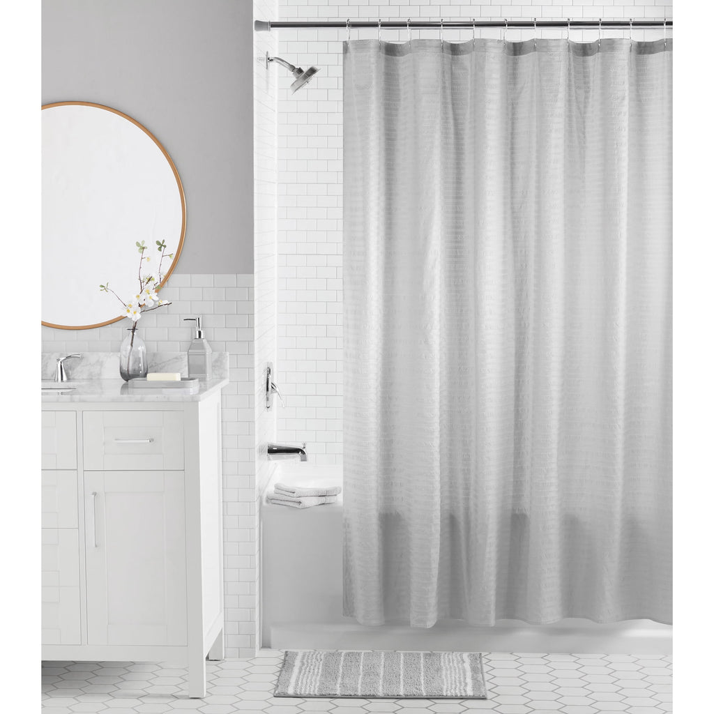 Mainstays 16-Piece Bathroom Shower Curtain Set – Soft Silver Fabric Curtain with Coordinated Bath Rug, Soap Pump & Tray