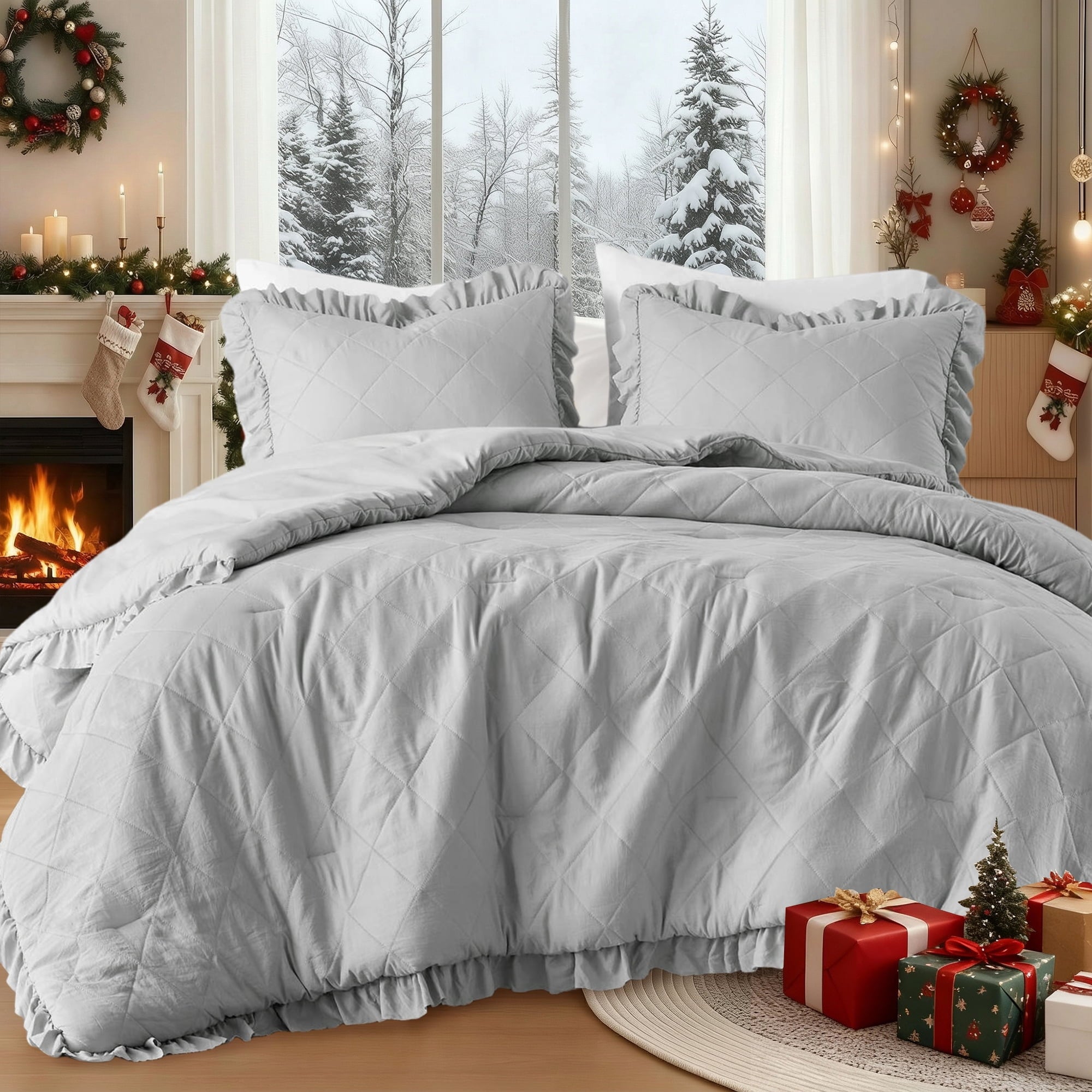 Regency Heights Twin/Twin XL Comforter Set Ivory, 2 Pieces Quilted Ruffle Comforters Twin/Twin XL Size, Solid Bedding Comforters Sets, Gift for Women