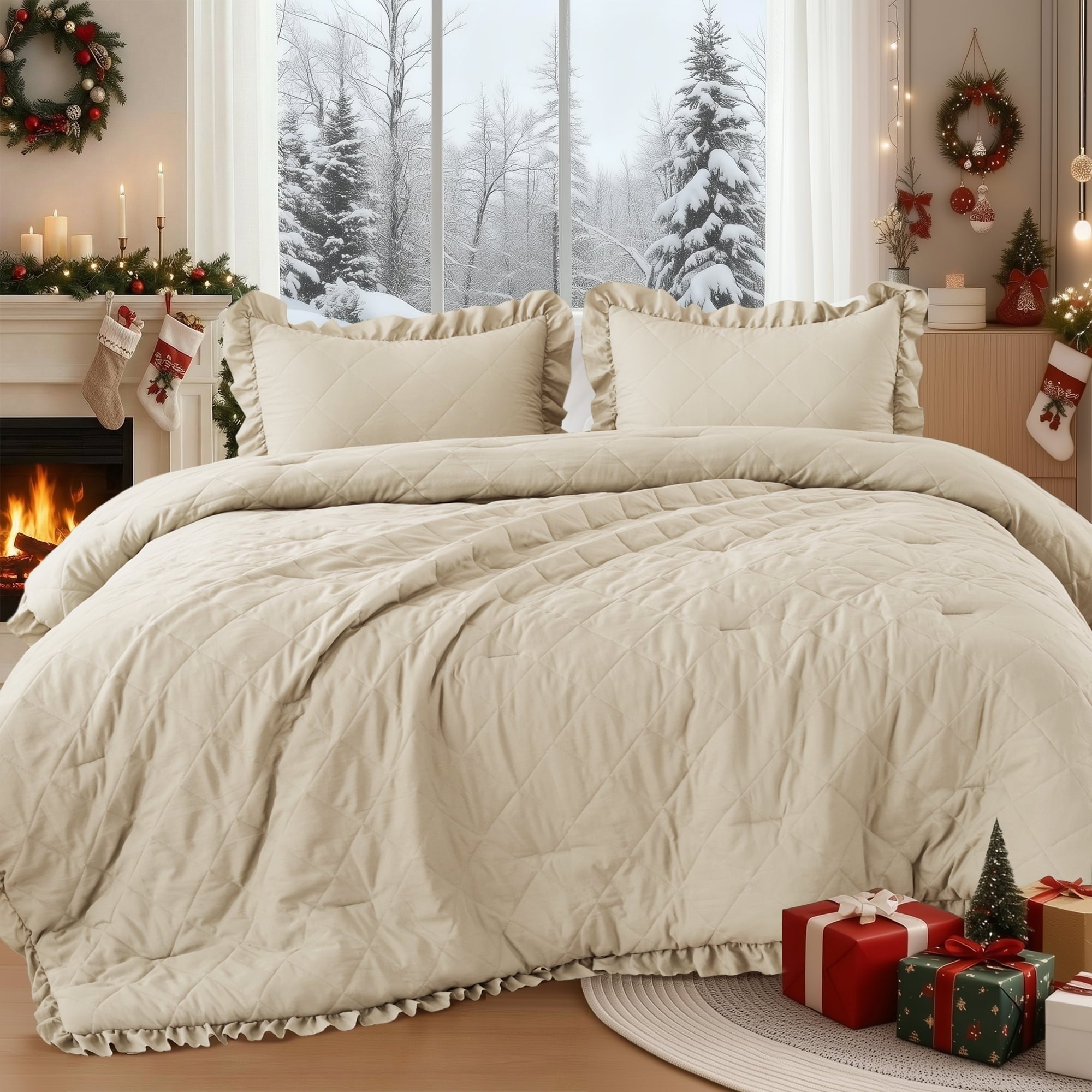 Regency Heights Twin/Twin XL Comforter Set Ivory, 2 Pieces Quilted Ruffle Comforters Twin/Twin XL Size, Solid Bedding Comforters Sets, Gift for Women