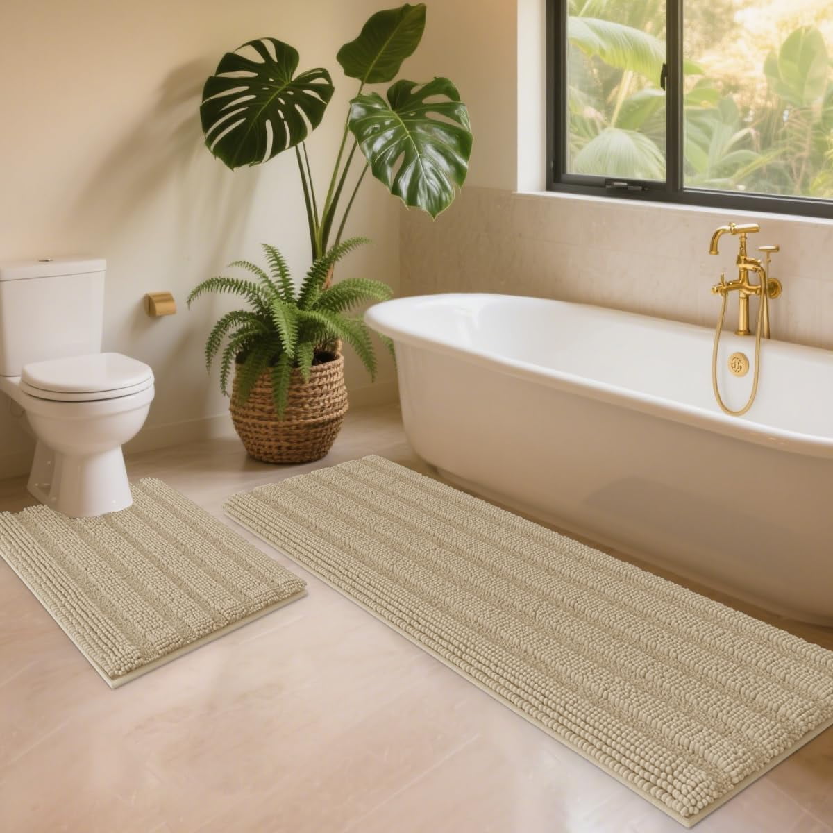 HAKUNA Striped Grey Bathroom Rug Set 3 Pieces Gray Ultra Soft, Non Slip Chenille Toilet Mat, Absorbent Plush Shaggy Bath Mats for Bathroom, Bedroom, Kitchen, Charcoal