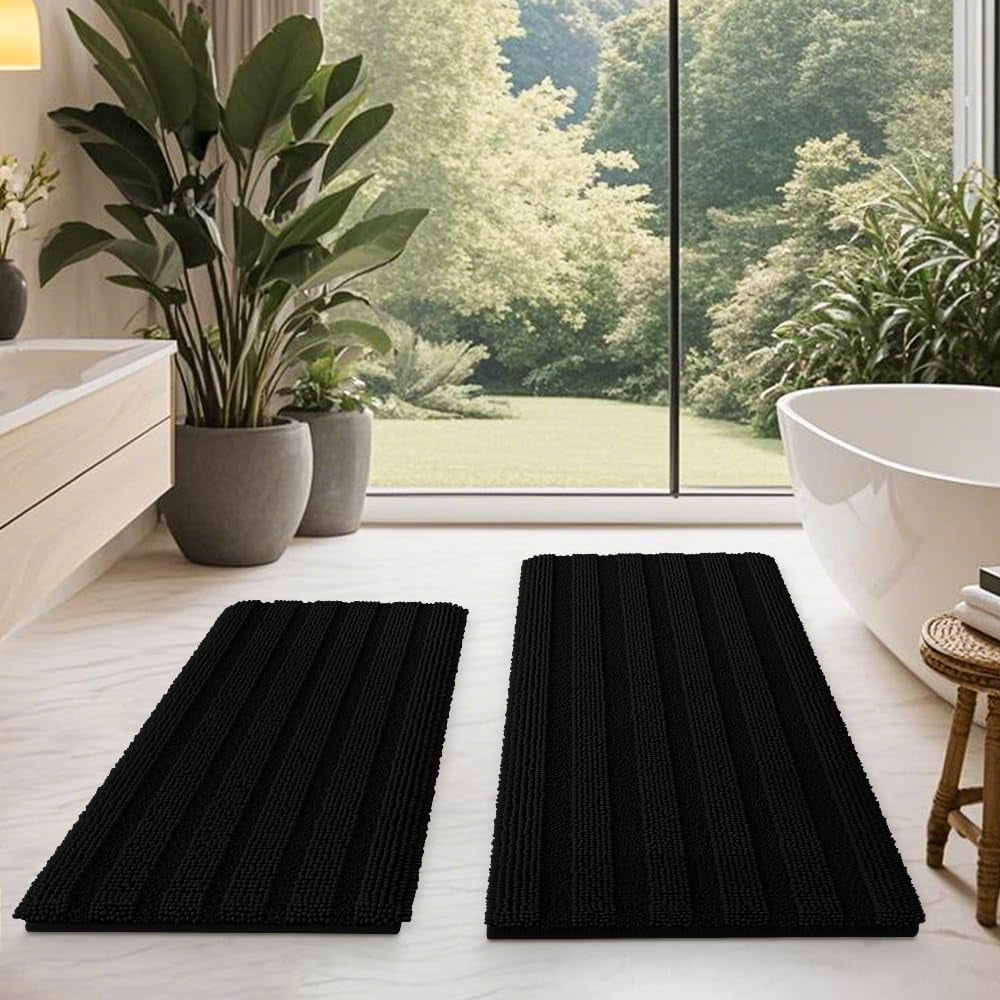 HAKUNA Striped Grey Bathroom Rug Set 3 Pieces Gray Ultra Soft, Non Slip Chenille Toilet Mat, Absorbent Plush Shaggy Bath Mats for Bathroom, Bedroom, Kitchen, Charcoal