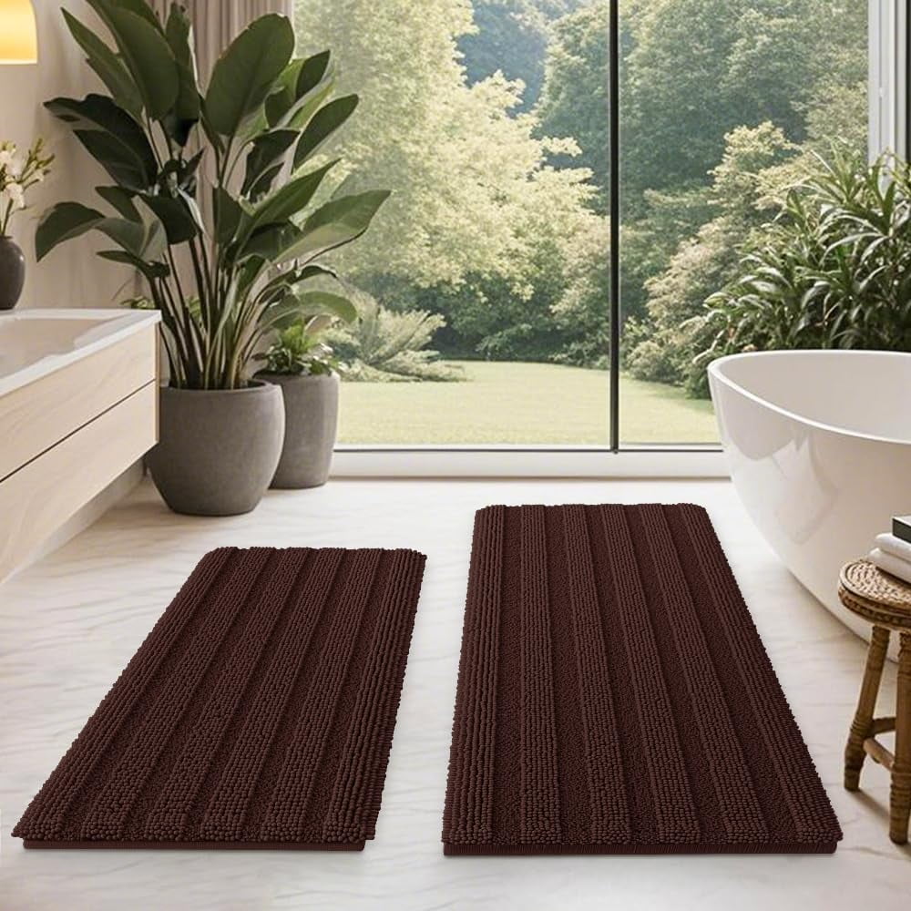 HAKUNA Striped Grey Bathroom Rug Set 3 Pieces Gray Ultra Soft, Non Slip Chenille Toilet Mat, Absorbent Plush Shaggy Bath Mats for Bathroom, Bedroom, Kitchen, Charcoal