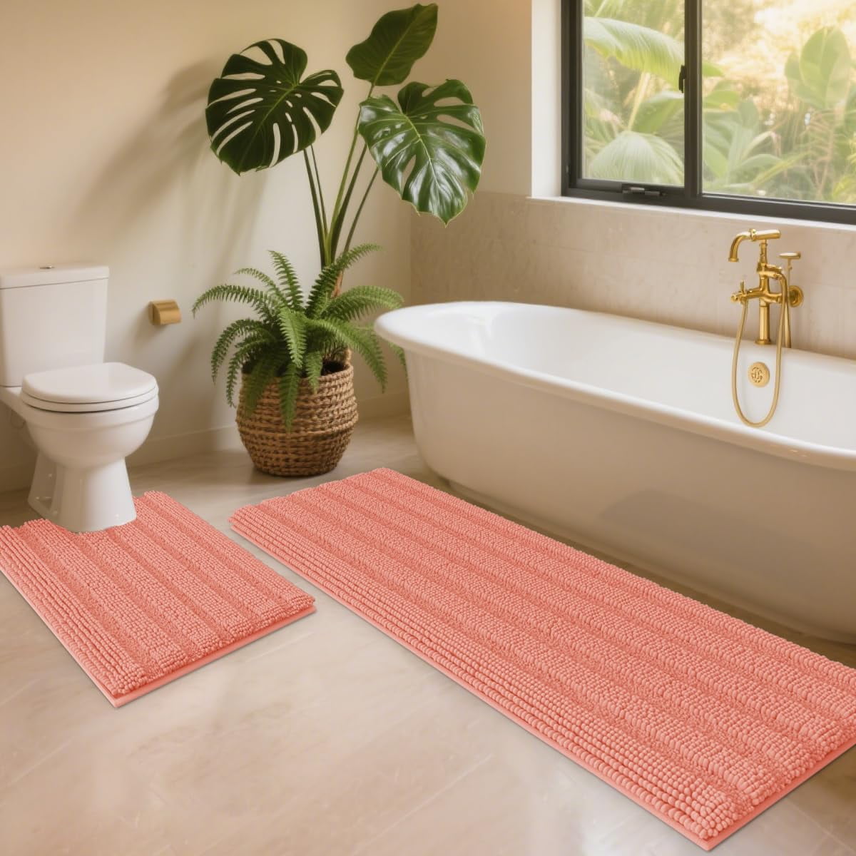 HAKUNA Striped Grey Bathroom Rug Set 3 Pieces Gray Ultra Soft, Non Slip Chenille Toilet Mat, Absorbent Plush Shaggy Bath Mats for Bathroom, Bedroom, Kitchen, Charcoal