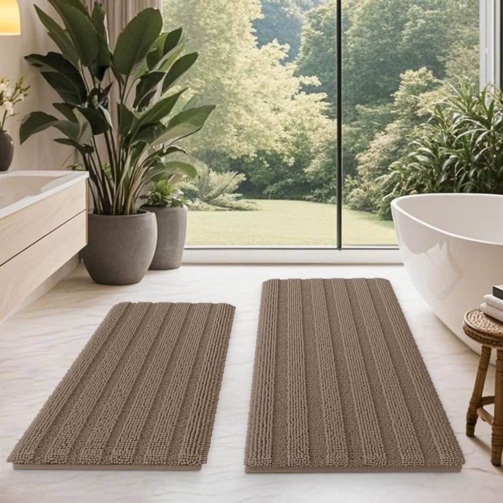 HAKUNA Striped Grey Bathroom Rug Set 3 Pieces Gray Ultra Soft, Non Slip Chenille Toilet Mat, Absorbent Plush Shaggy Bath Mats for Bathroom, Bedroom, Kitchen, Charcoal