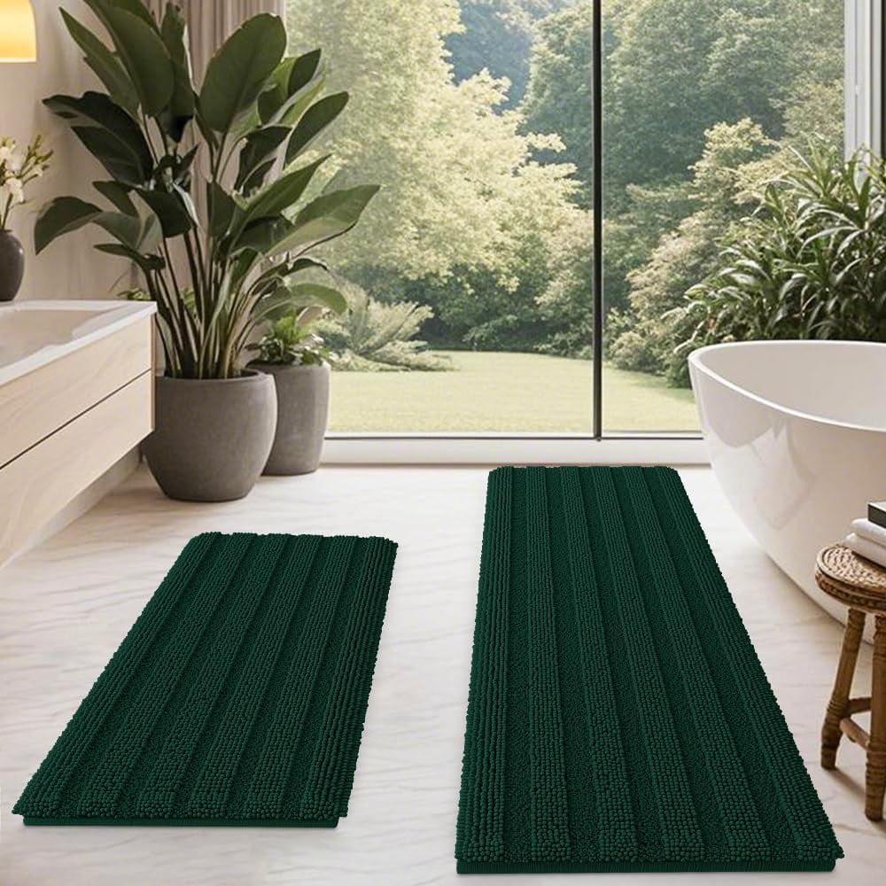 HAKUNA Striped Grey Bathroom Rug Set 3 Pieces Gray Ultra Soft, Non Slip Chenille Toilet Mat, Absorbent Plush Shaggy Bath Mats for Bathroom, Bedroom, Kitchen, Charcoal