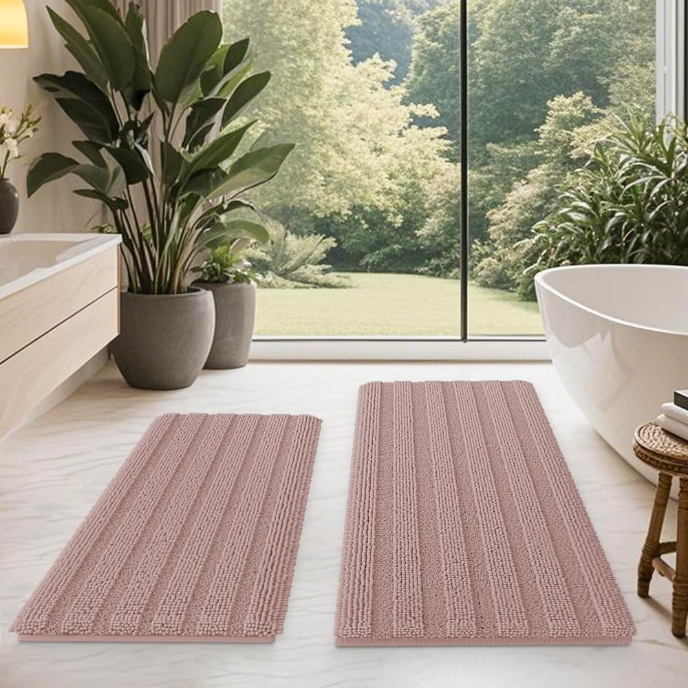 HAKUNA Striped Grey Bathroom Rug Set 3 Pieces Gray Ultra Soft, Non Slip Chenille Toilet Mat, Absorbent Plush Shaggy Bath Mats for Bathroom, Bedroom, Kitchen, Charcoal