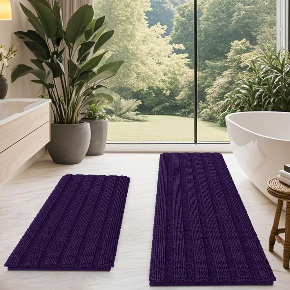 HAKUNA Striped Grey Bathroom Rug Set 3 Pieces Gray Ultra Soft, Non Slip Chenille Toilet Mat, Absorbent Plush Shaggy Bath Mats for Bathroom, Bedroom, Kitchen, Charcoal