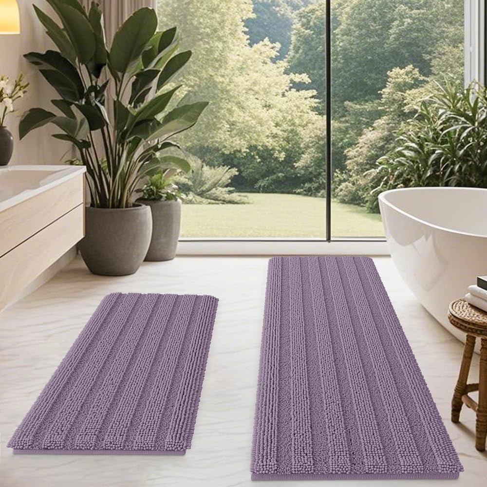 HAKUNA Striped Grey Bathroom Rug Set 3 Pieces Gray Ultra Soft, Non Slip Chenille Toilet Mat, Absorbent Plush Shaggy Bath Mats for Bathroom, Bedroom, Kitchen, Charcoal