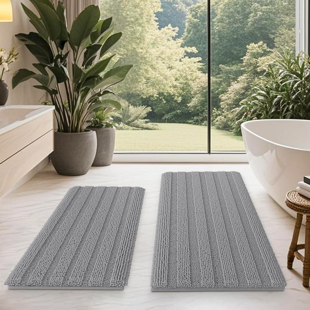 HAKUNA Striped Grey Bathroom Rug Set 3 Pieces Gray Ultra Soft, Non Slip Chenille Toilet Mat, Absorbent Plush Shaggy Bath Mats for Bathroom, Bedroom, Kitchen, Charcoal